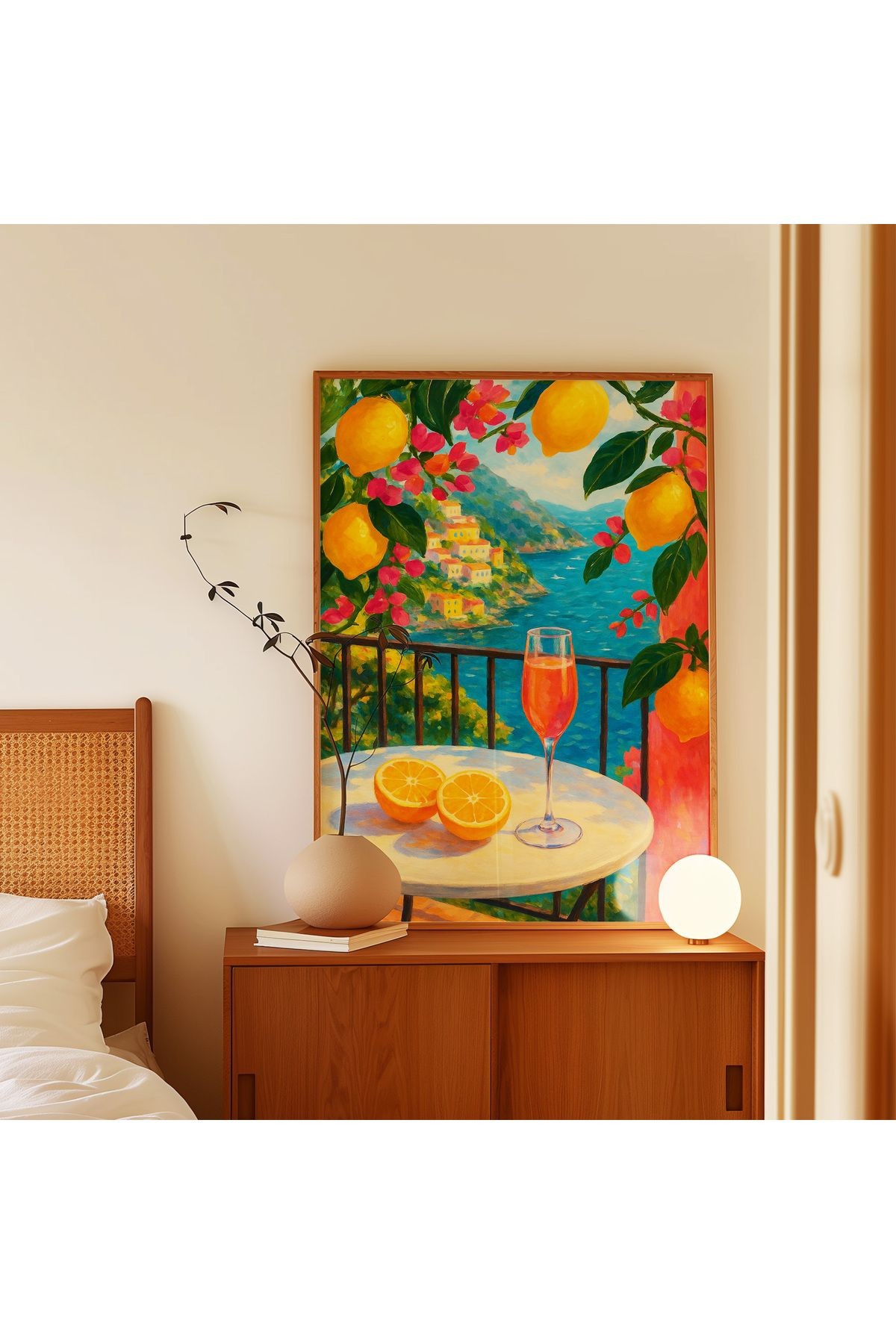 Limon Ağaçlı Akdeniz Manzaralı Poster – Yaz Balkonu ve Kokteyl - Tablo Ölçülerinde Çerçevesiz Poster