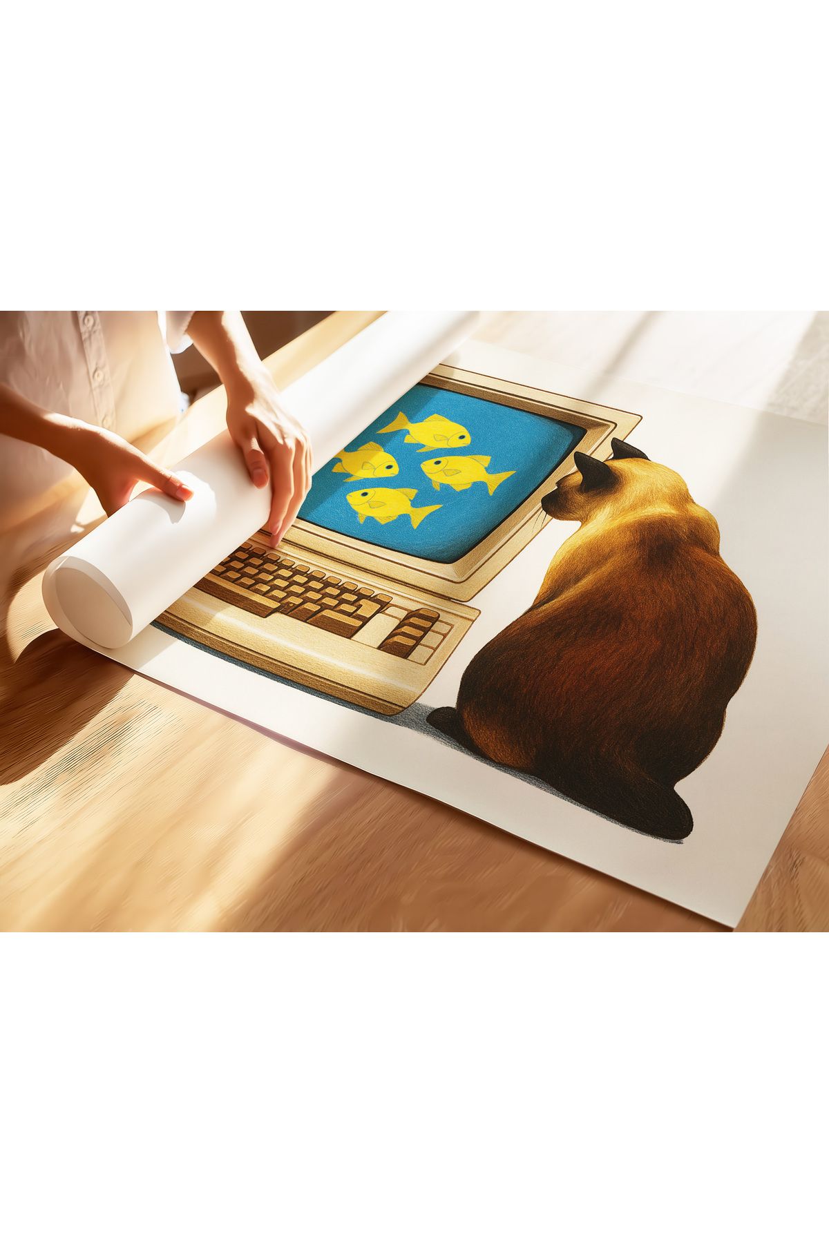 Kedi Koleksiyonu Poster - 9 - Kedi ve Bilgisayar - Retro Sanat - Tablo Ölçülerinde Çerçevesiz Poster