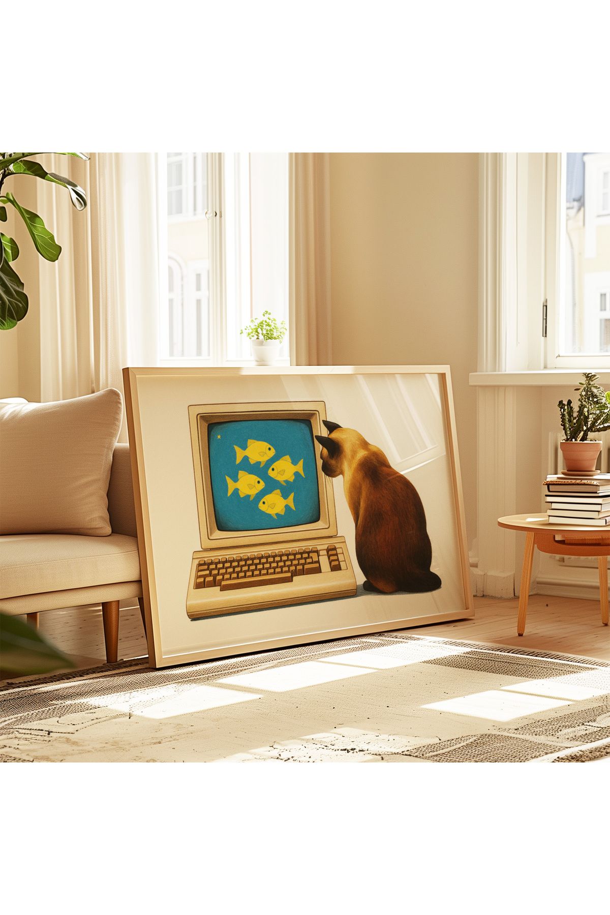 Kedi Koleksiyonu Poster - 9 - Kedi ve Bilgisayar - Retro Sanat - Tablo Ölçülerinde Çerçevesiz Poster