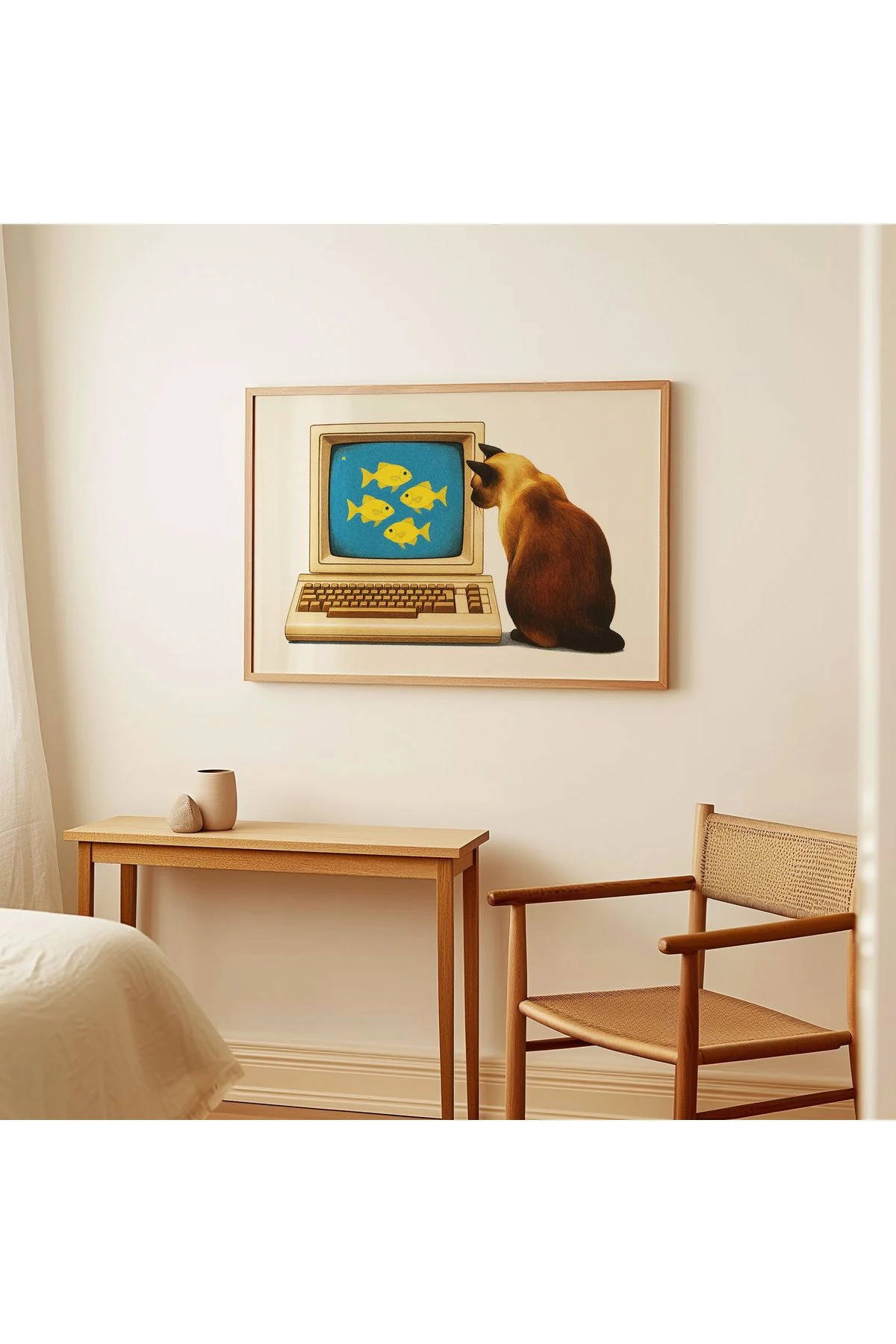 Kedi Koleksiyonu Poster - 9 - Kedi ve Bilgisayar - Retro Sanat - Tablo Ölçülerinde Çerçevesiz Poster