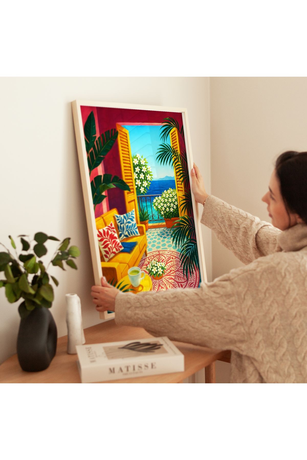 Akdeniz Manzaralı Vintage Poster – Çiçekli, Deniz Manzaralı - Tablo Ölçülerinde Çerçevesiz Poster