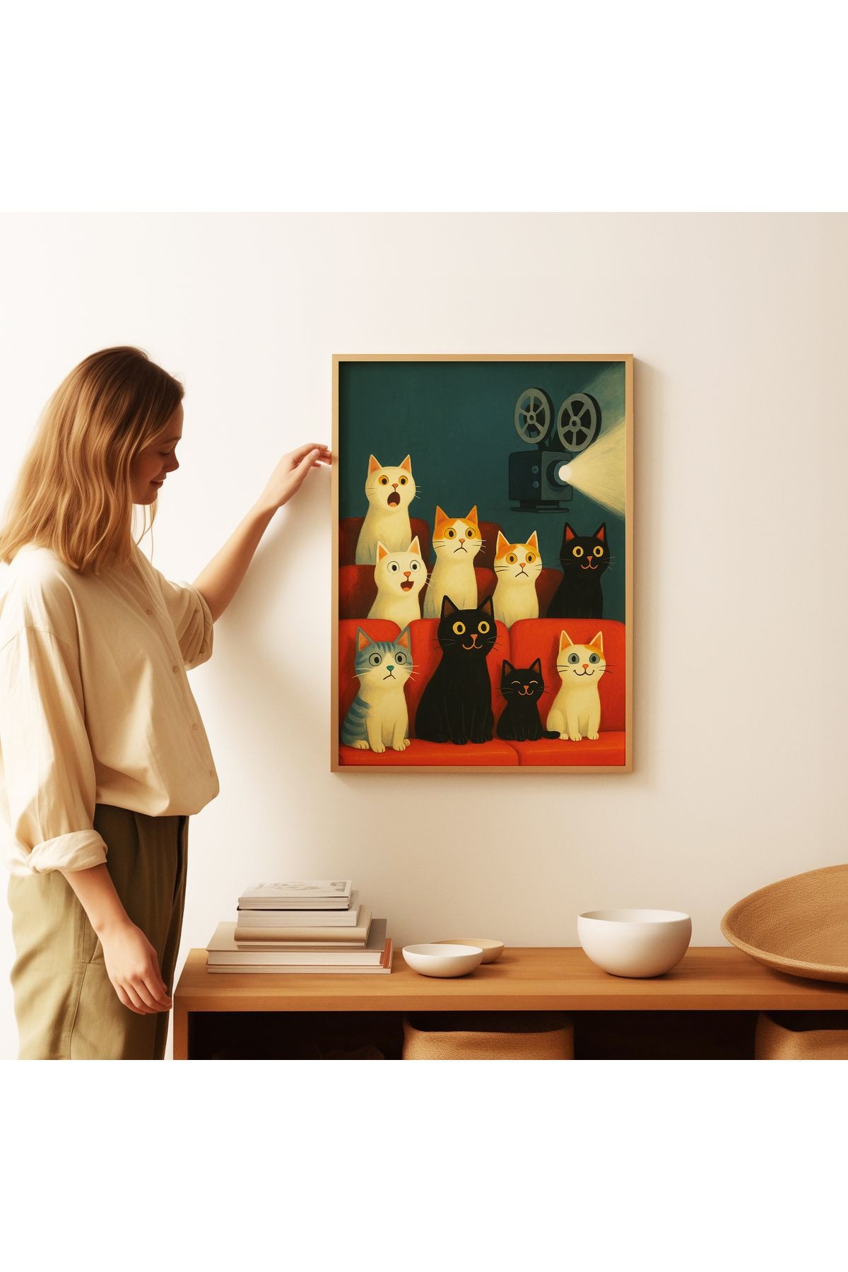 Kedi Poster – Renkli Sinema Kedileri – Kedi İllüstrasyonu - Çerçevesiz Poster