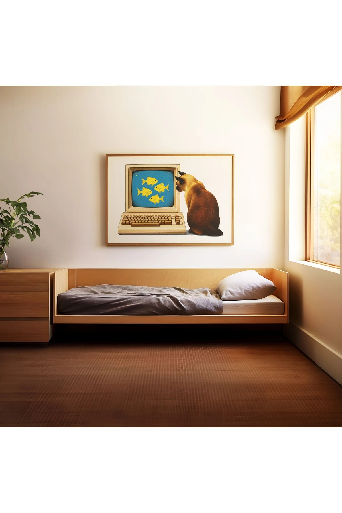 Kedi Koleksiyonu Poster - 9 - Kedi ve Bilgisayar - Retro Sanat - Tablo Ölçülerinde Çerçevesiz Poster