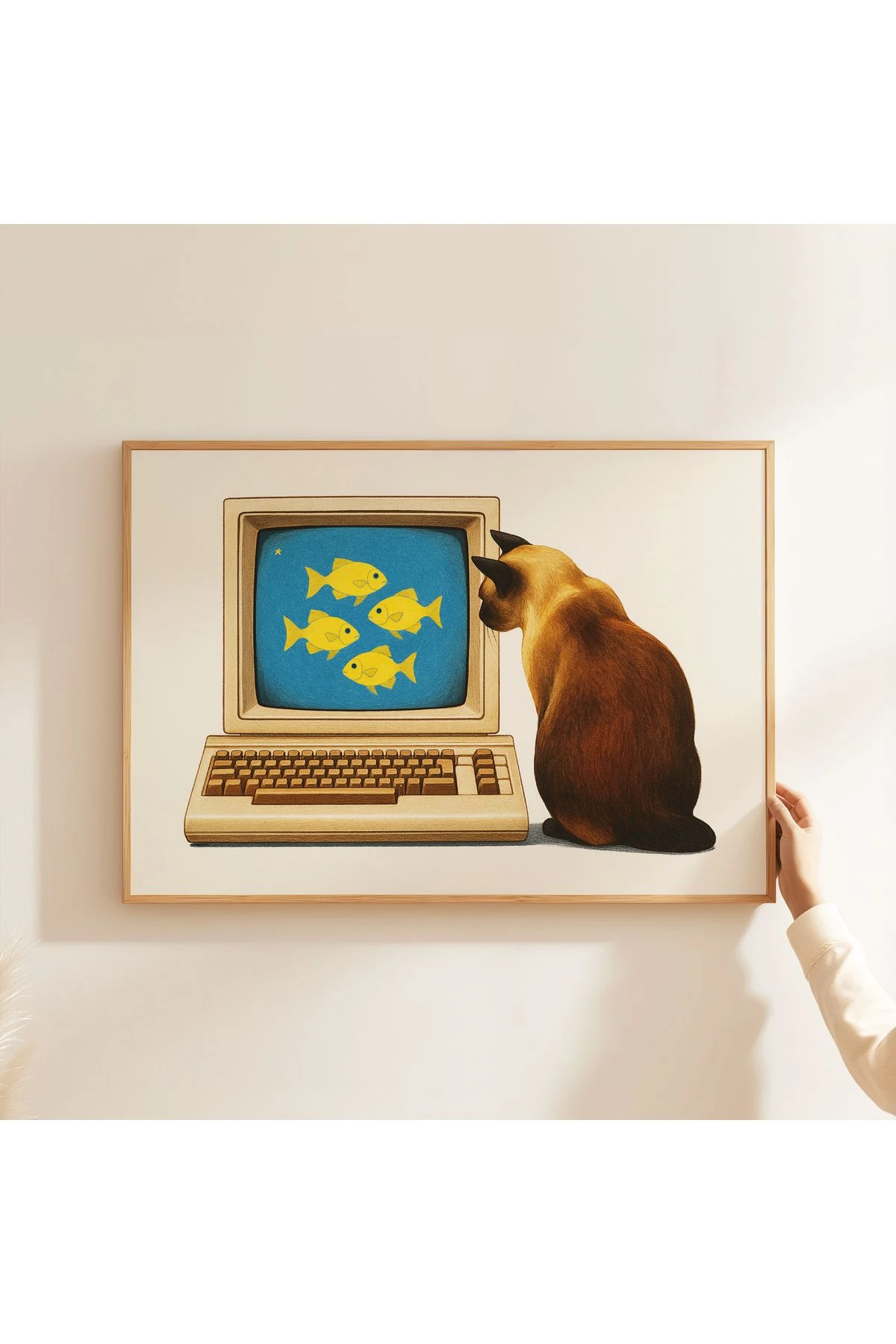 Kedi Koleksiyonu Poster - 9 - Kedi ve Bilgisayar - Retro Sanat - Tablo Ölçülerinde Çerçevesiz Poster