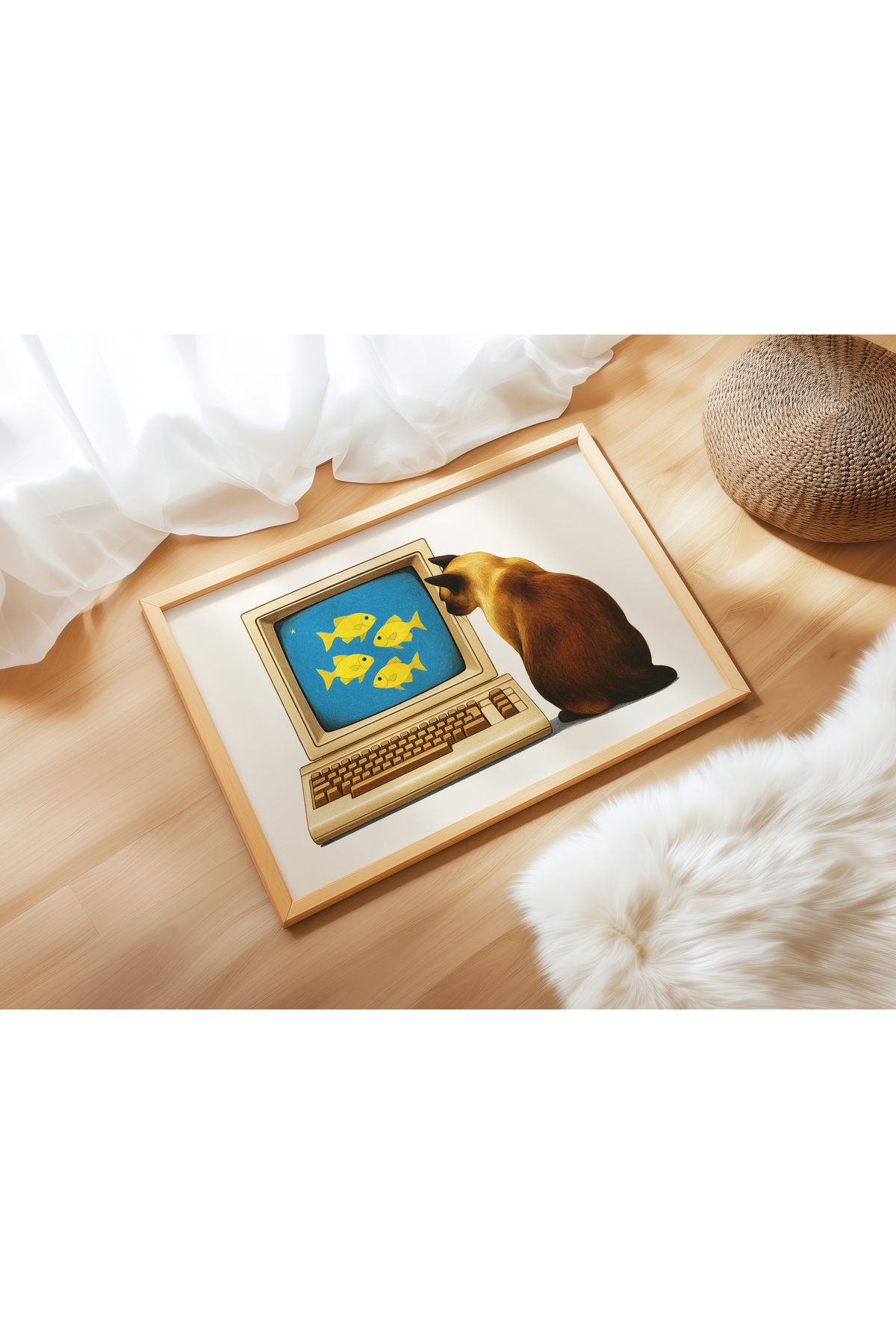 Kedi Koleksiyonu Poster - 9 - Kedi ve Bilgisayar - Retro Sanat - Tablo Ölçülerinde Çerçevesiz Poster