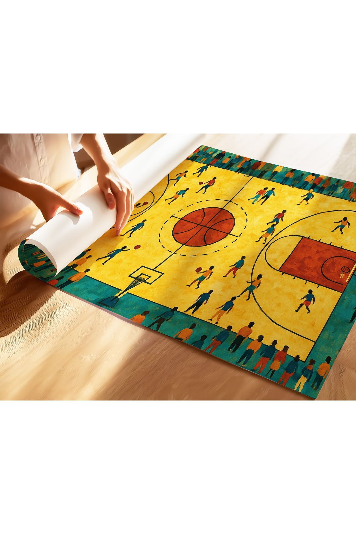 Basketbol Poster - 1 - Basketbol Sahası ve Oyuncular - Tablo Ölçülerinde Çerçevesiz Poster
