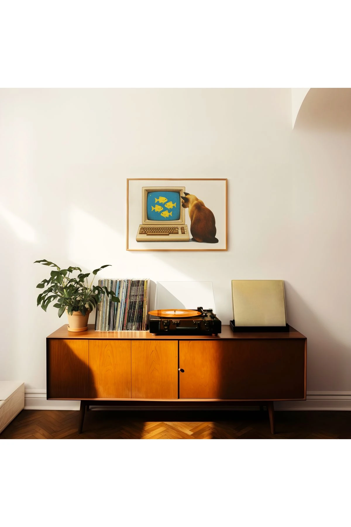 Kedi Koleksiyonu Poster - 9 - Kedi ve Bilgisayar - Retro Sanat - Tablo Ölçülerinde Çerçevesiz Poster