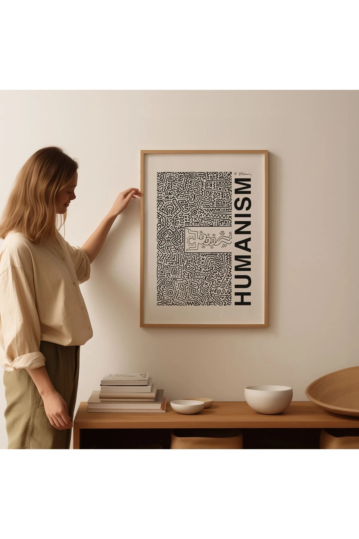 Keith Haring Poster - Hümanizm - Duvar Dekorasyonu - Tablo Ölçülerinde Çerçevesiz Yatay Poster