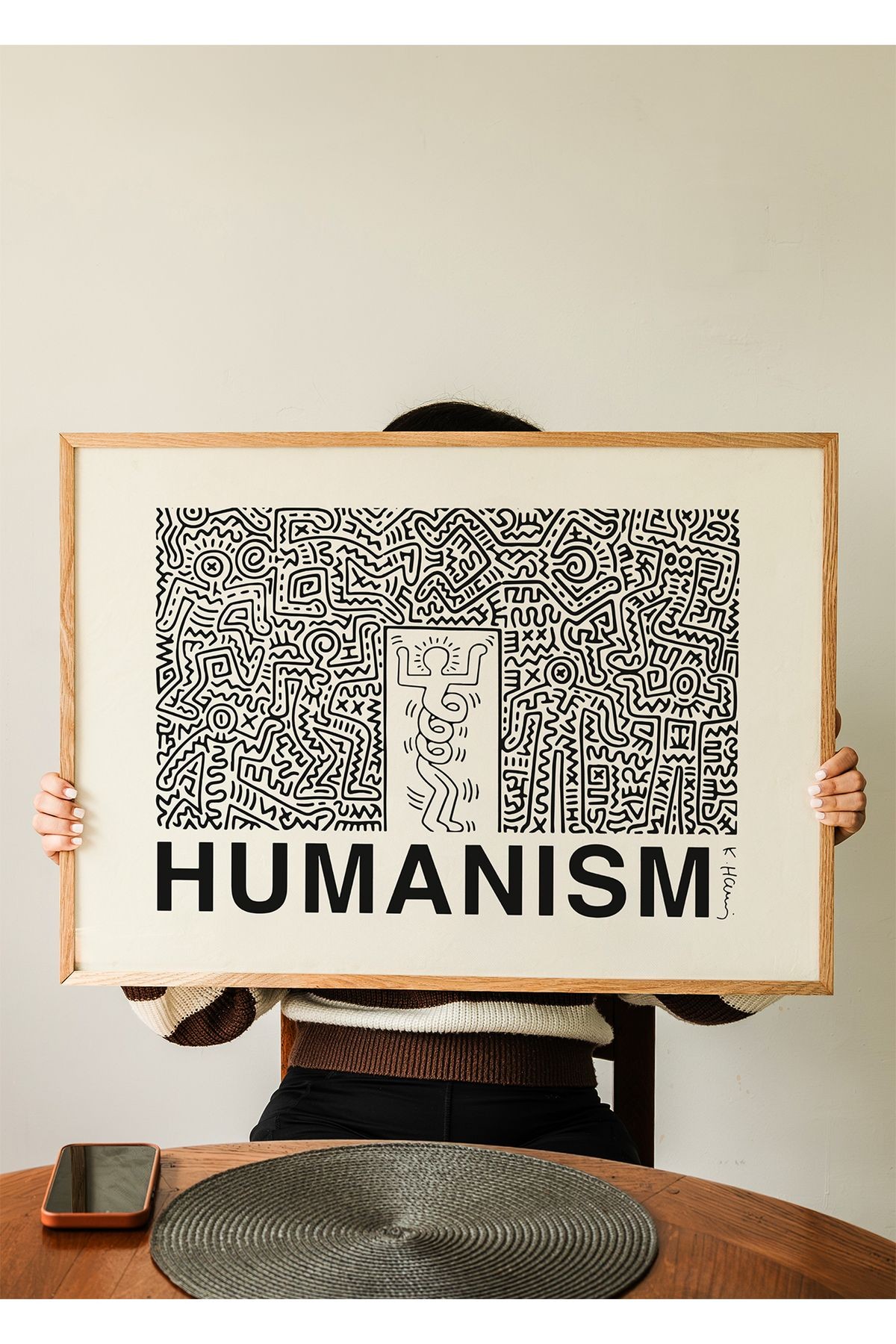 Keith Haring Poster - Hümanizm - Duvar Dekorasyonu - Tablo Ölçülerinde Çerçevesiz Yatay Poster
