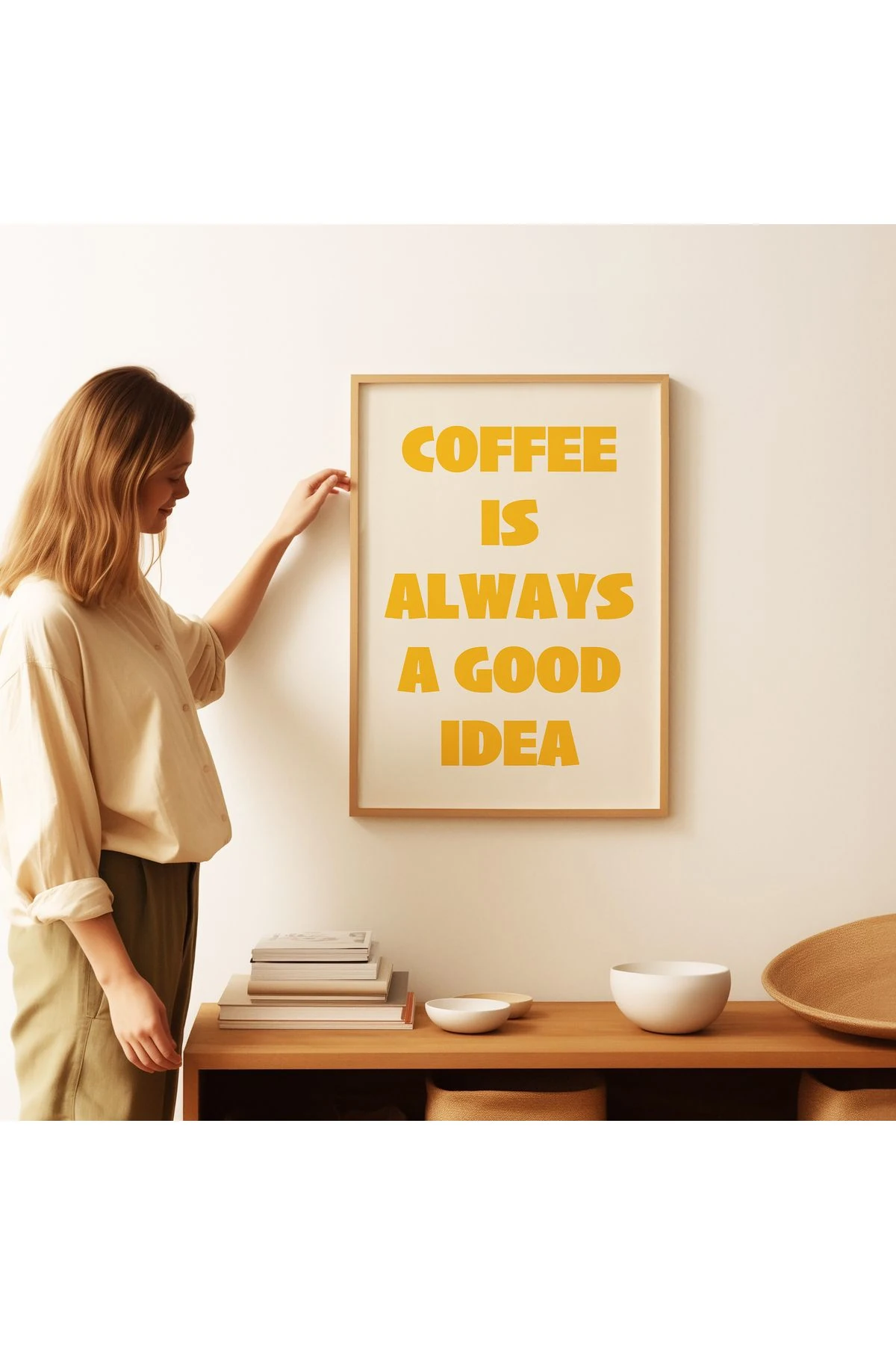 Coffee is always a good idea Poster – Sarı - Modern Tipografi Kahve Posteri - Çerçevesiz Poster