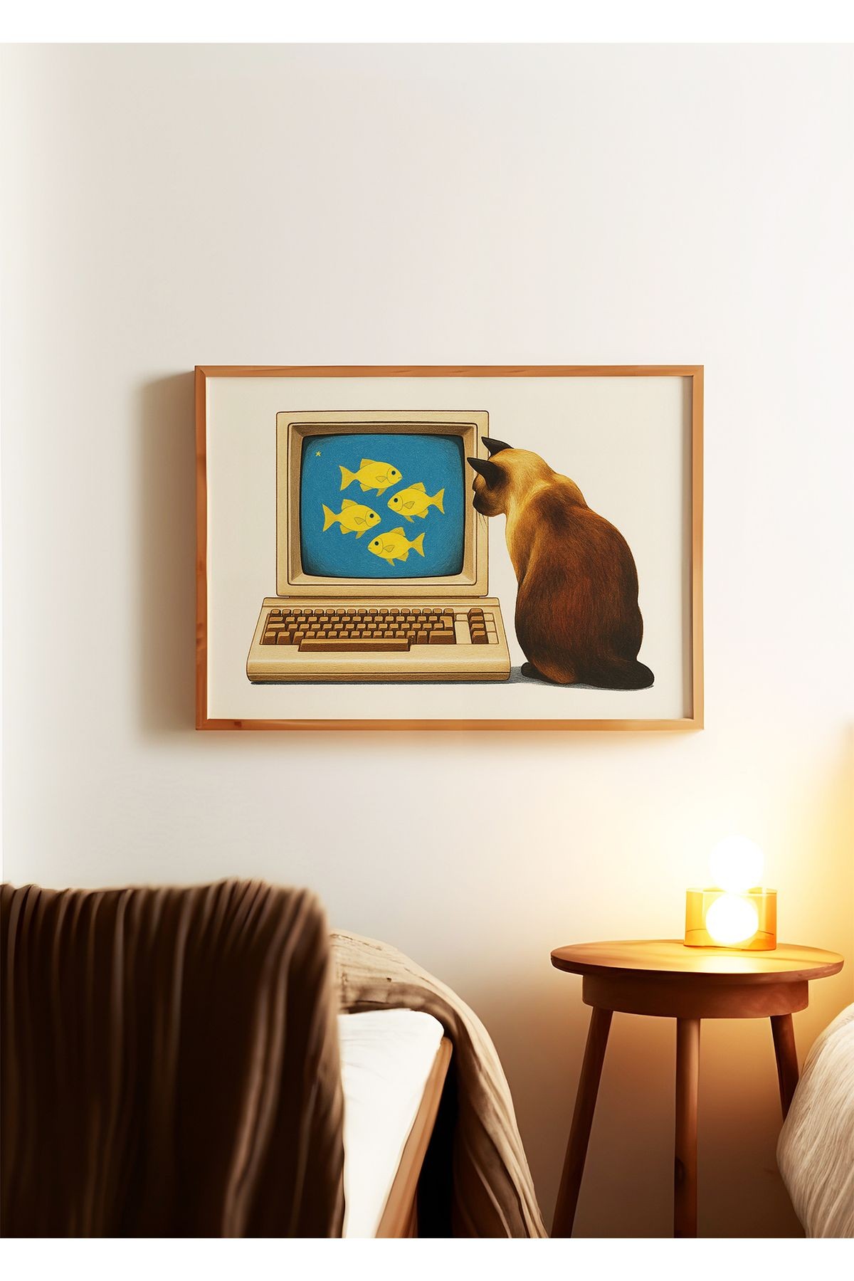 Kedi Koleksiyonu Poster - 9 - Kedi ve Bilgisayar - Retro Sanat - Tablo Ölçülerinde Çerçevesiz Poster