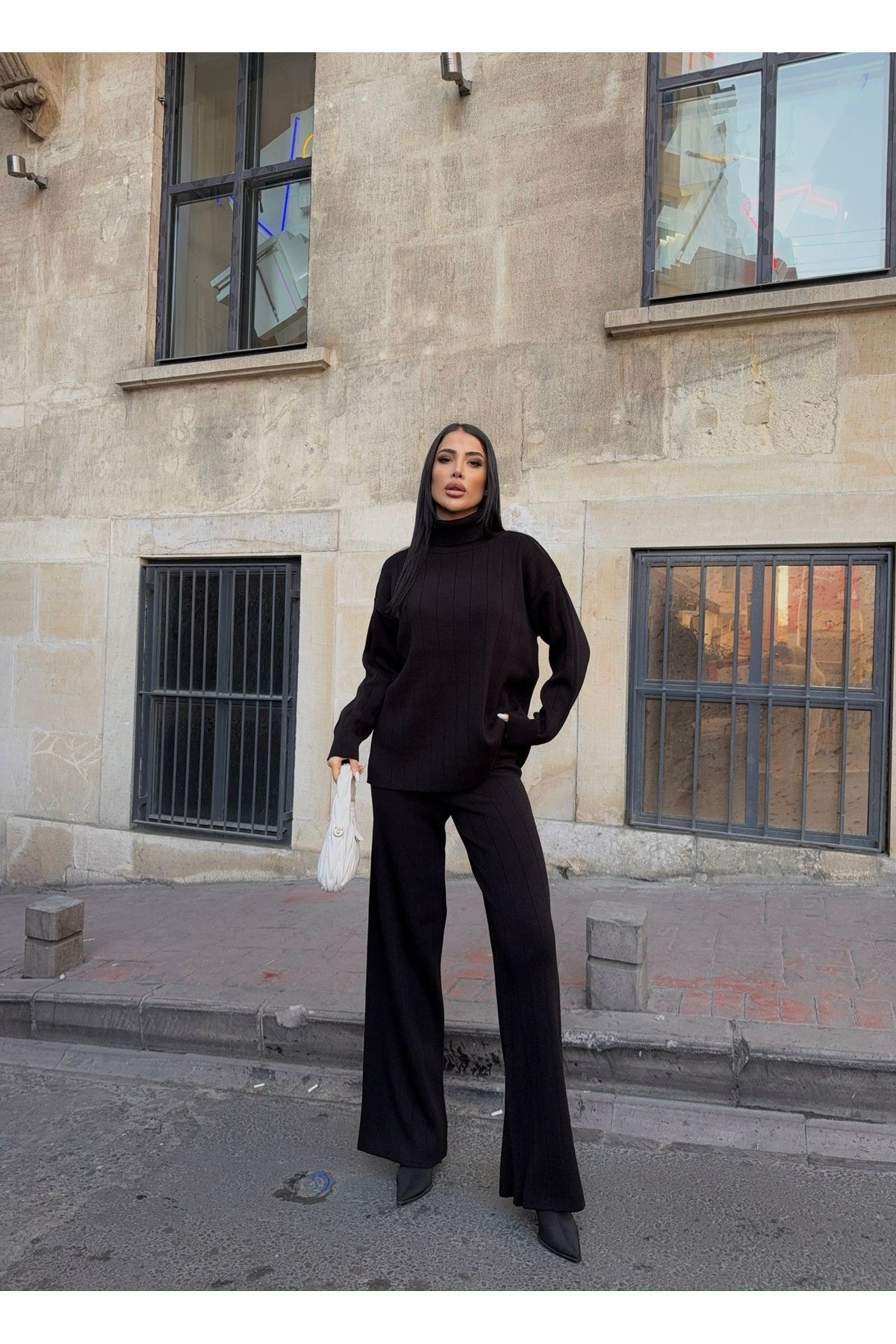 Balıkçı Yaka Fitilli Alt-Üst Triko Takım - Siyah