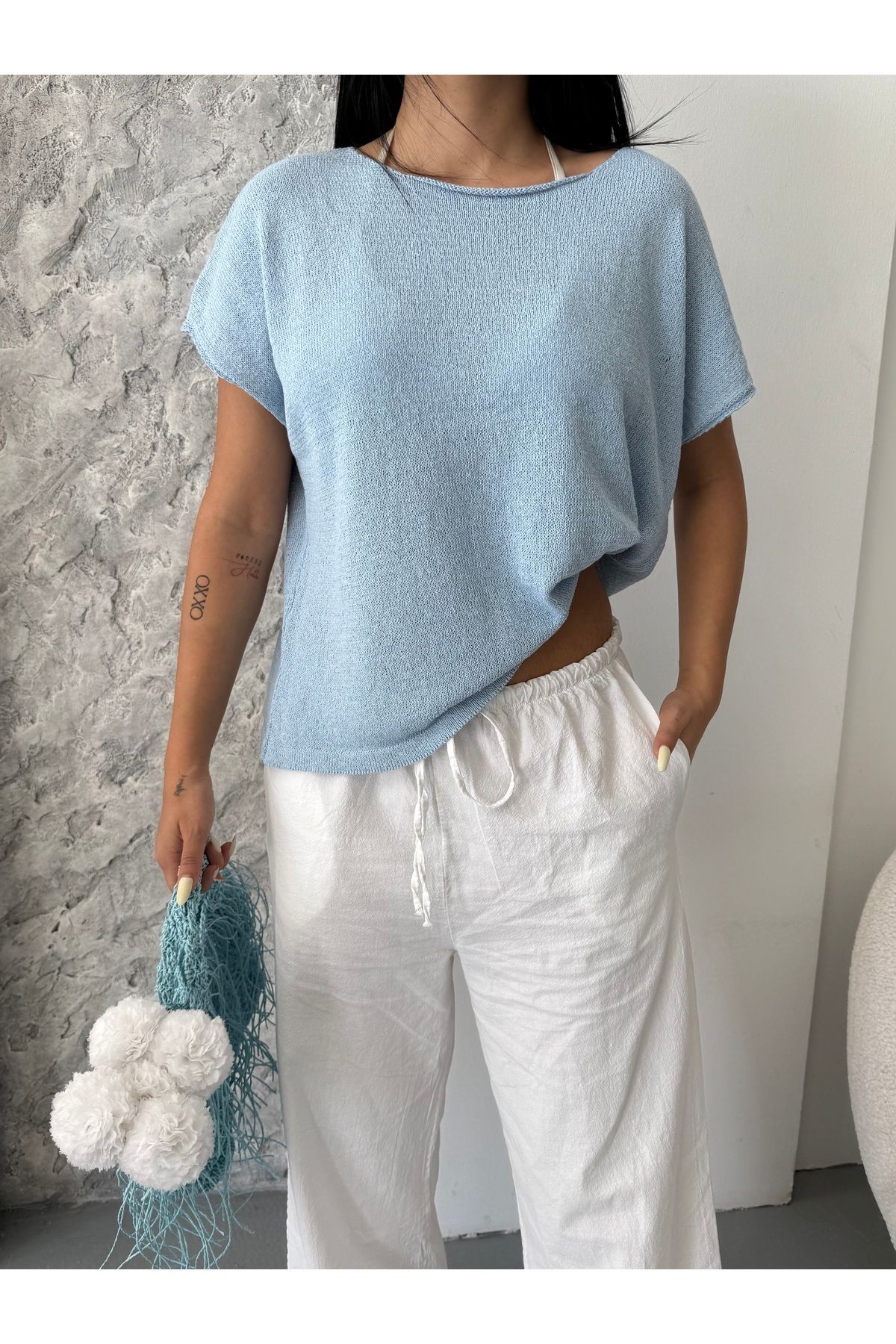 Kayık Yaka Pamuklu Basic Triko Bluz - Mavi