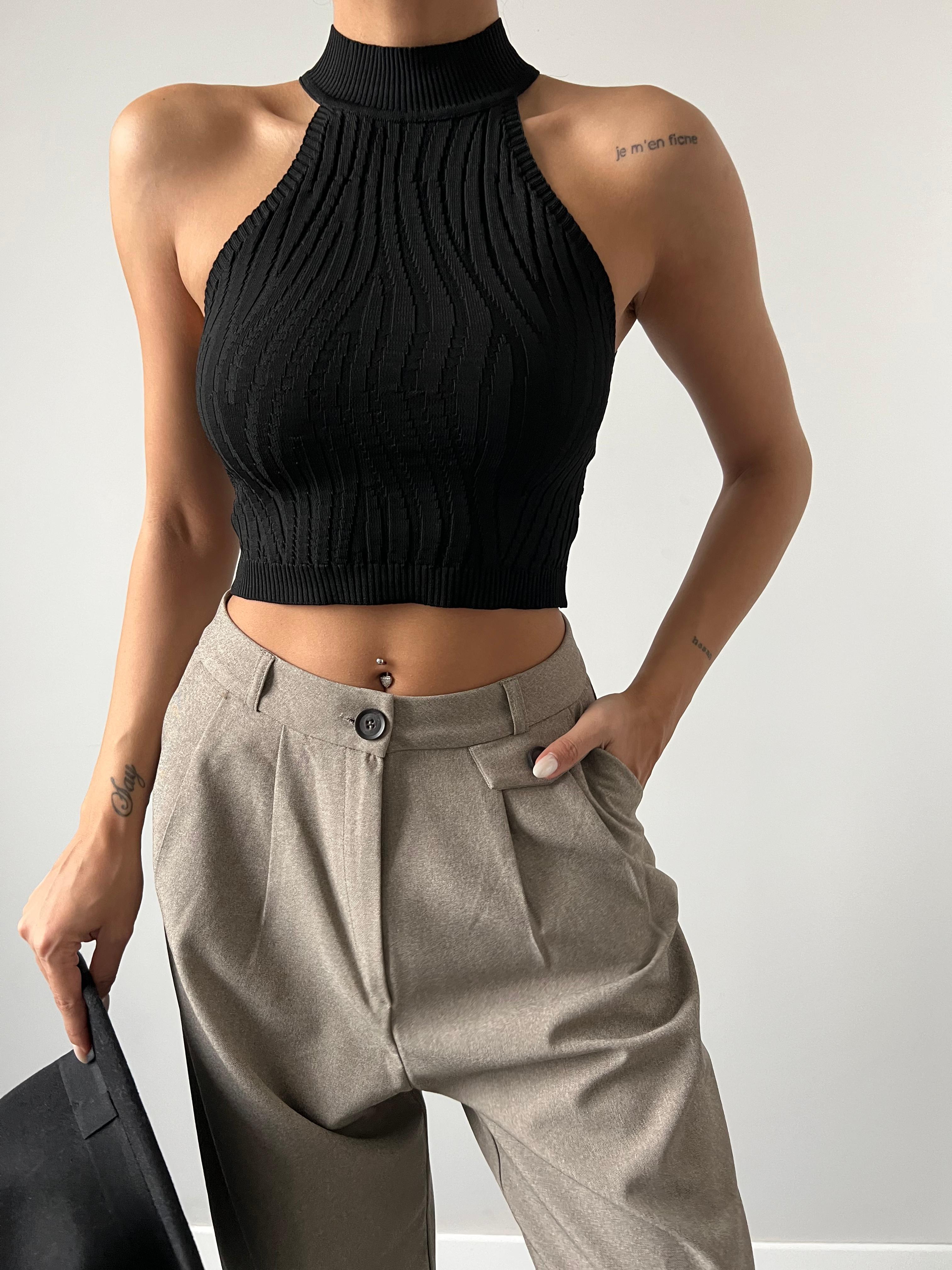Halter Yaka Zebra Desen Crop Triko Bluz