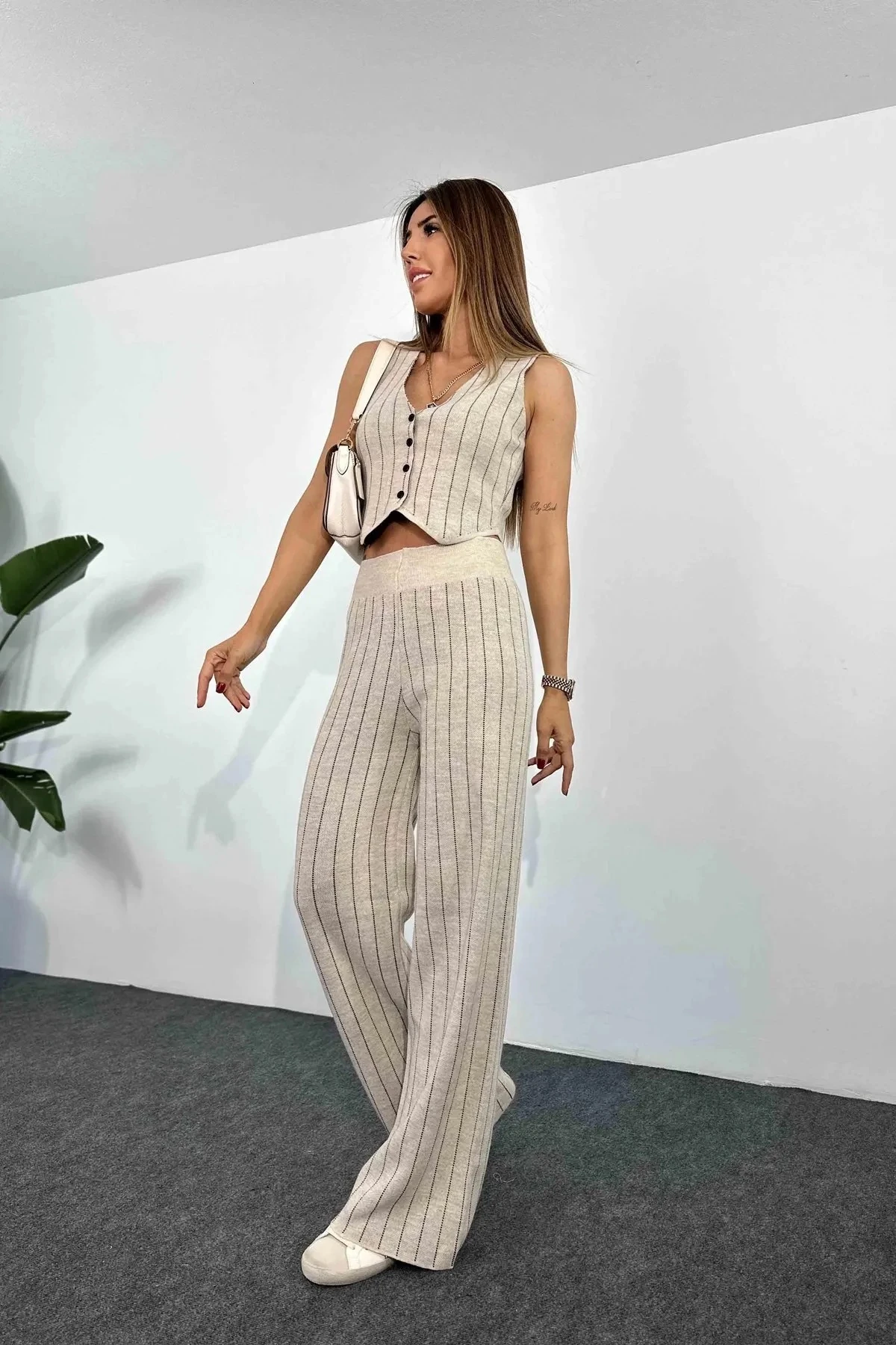 Klasik Yelek Pantolon Alt-Üst Triko Takım - Taş