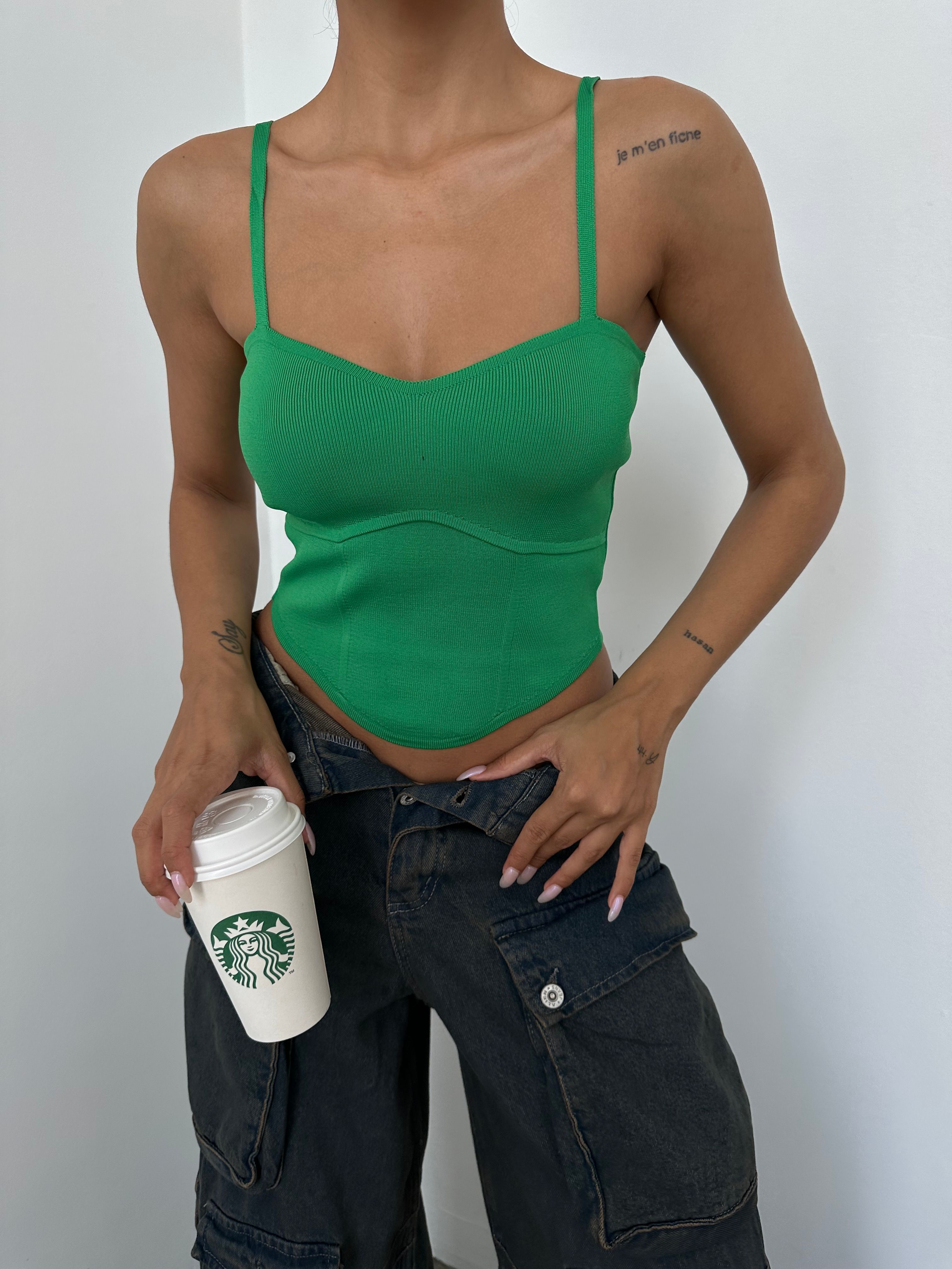Kadın  Spor Kesim Crop Triko Bluz - Yeşil
