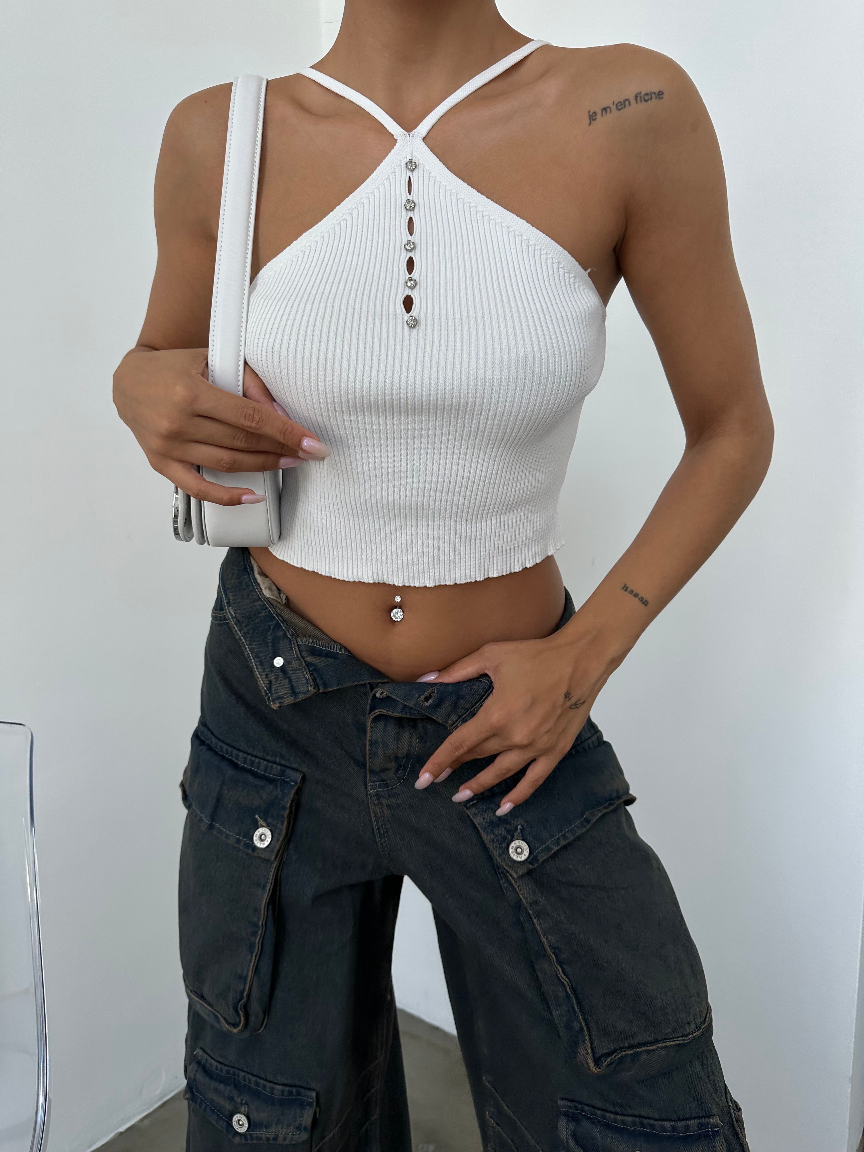 Kadın Çapraz Askılı Taş Detaylı Crop Triko Bluz - Kemik