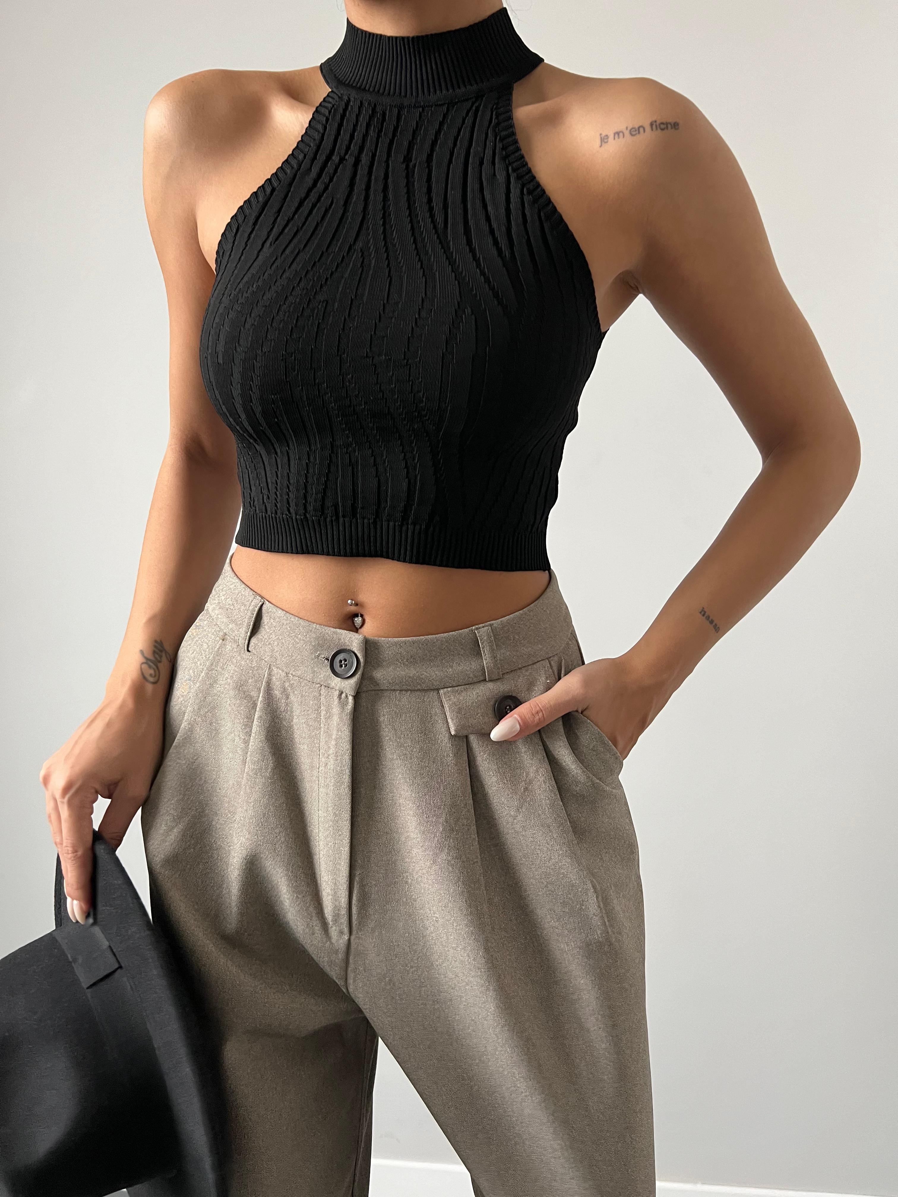 Halter Yaka Zebra Desen Crop Triko Bluz