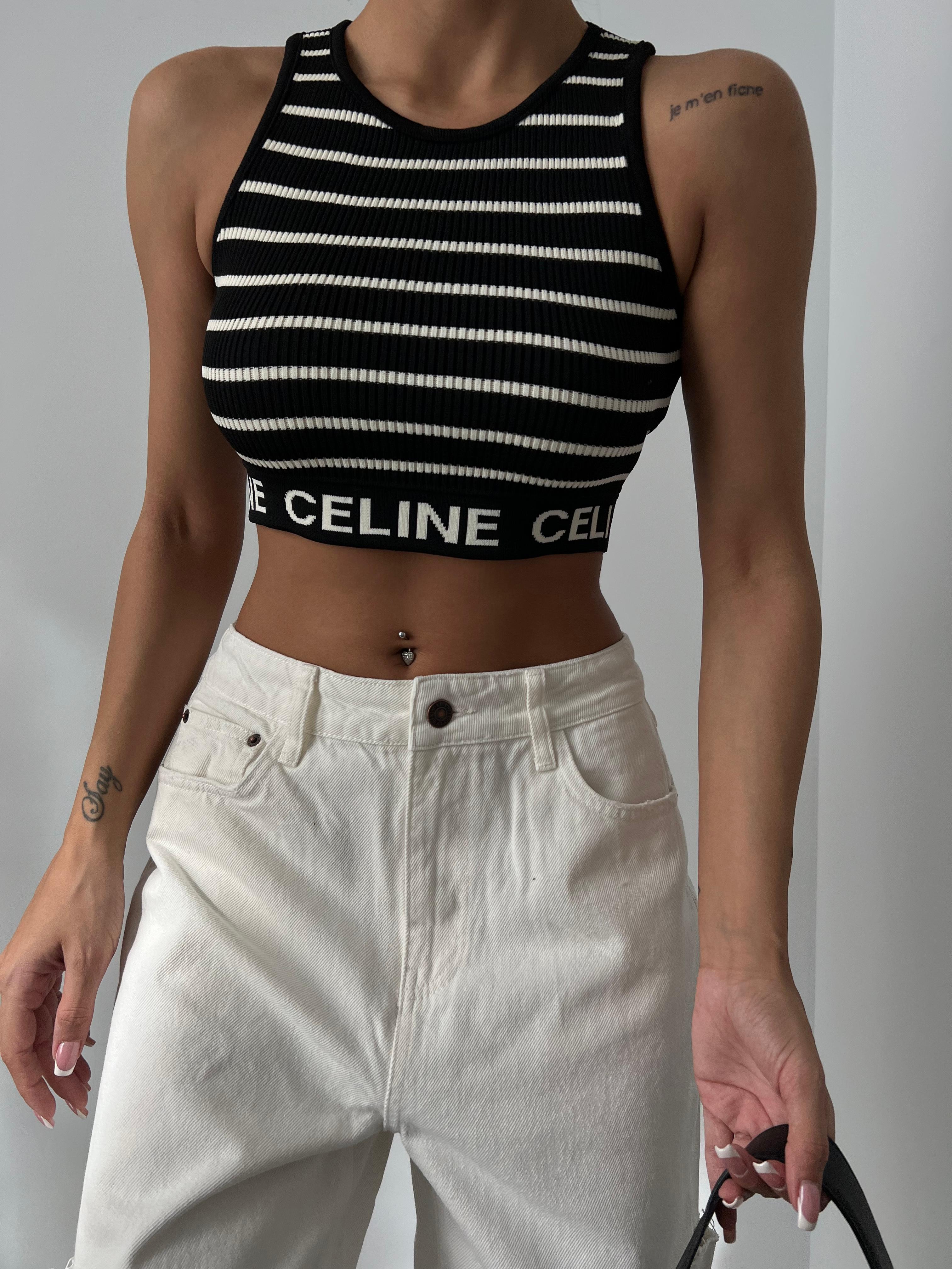 Bantı Yazılı Çizgili Crop Triko Bluz