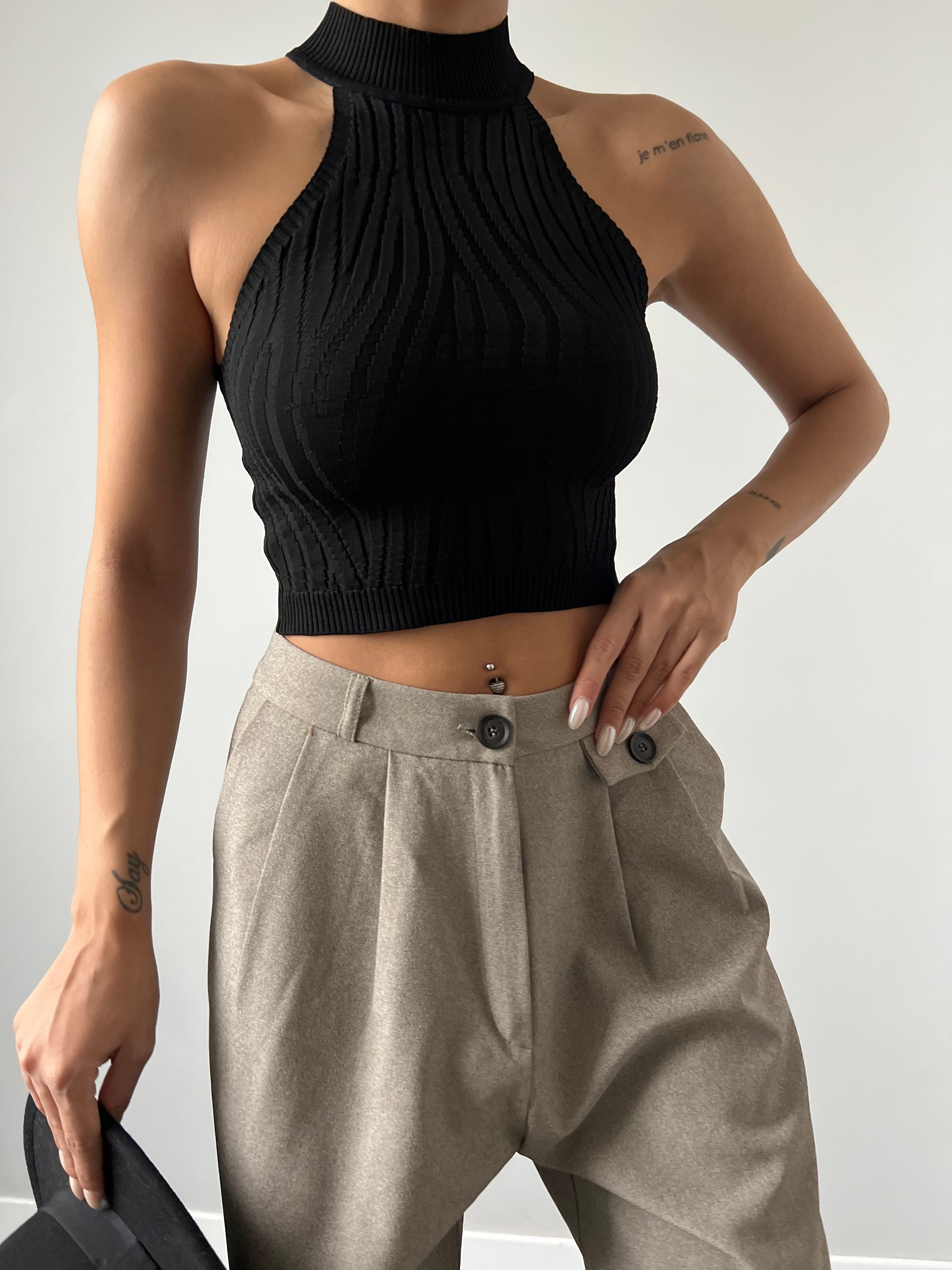 Halter Yaka Zebra Desen Crop Triko Bluz