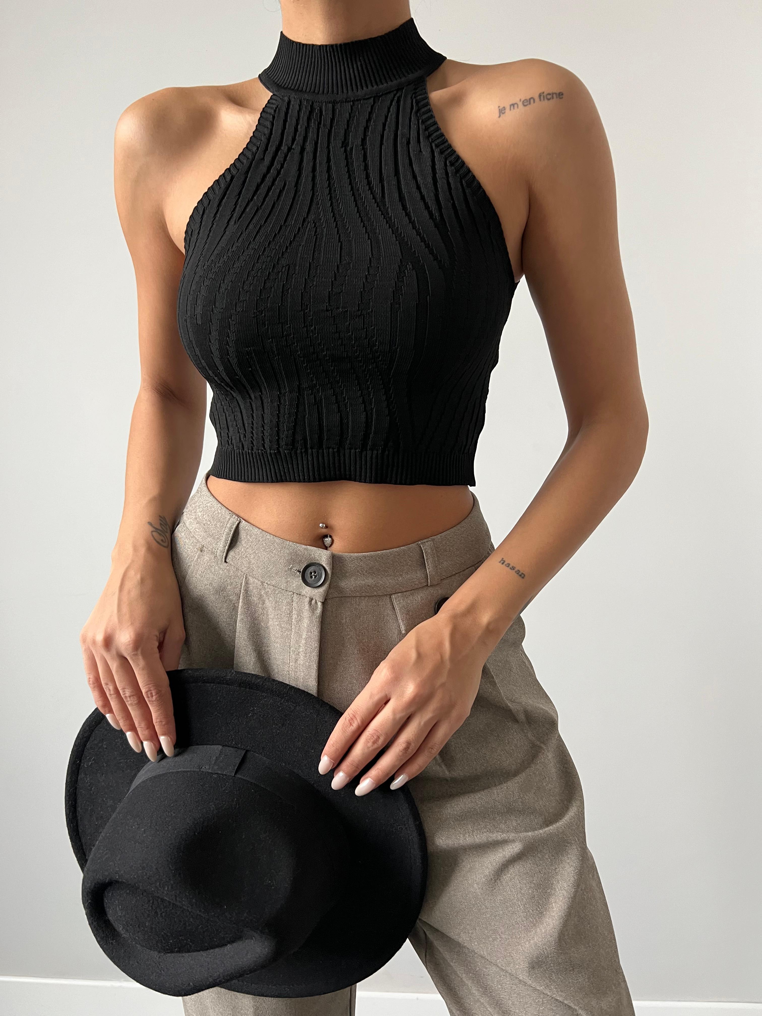 Halter Yaka Zebra Desen Crop Triko Bluz