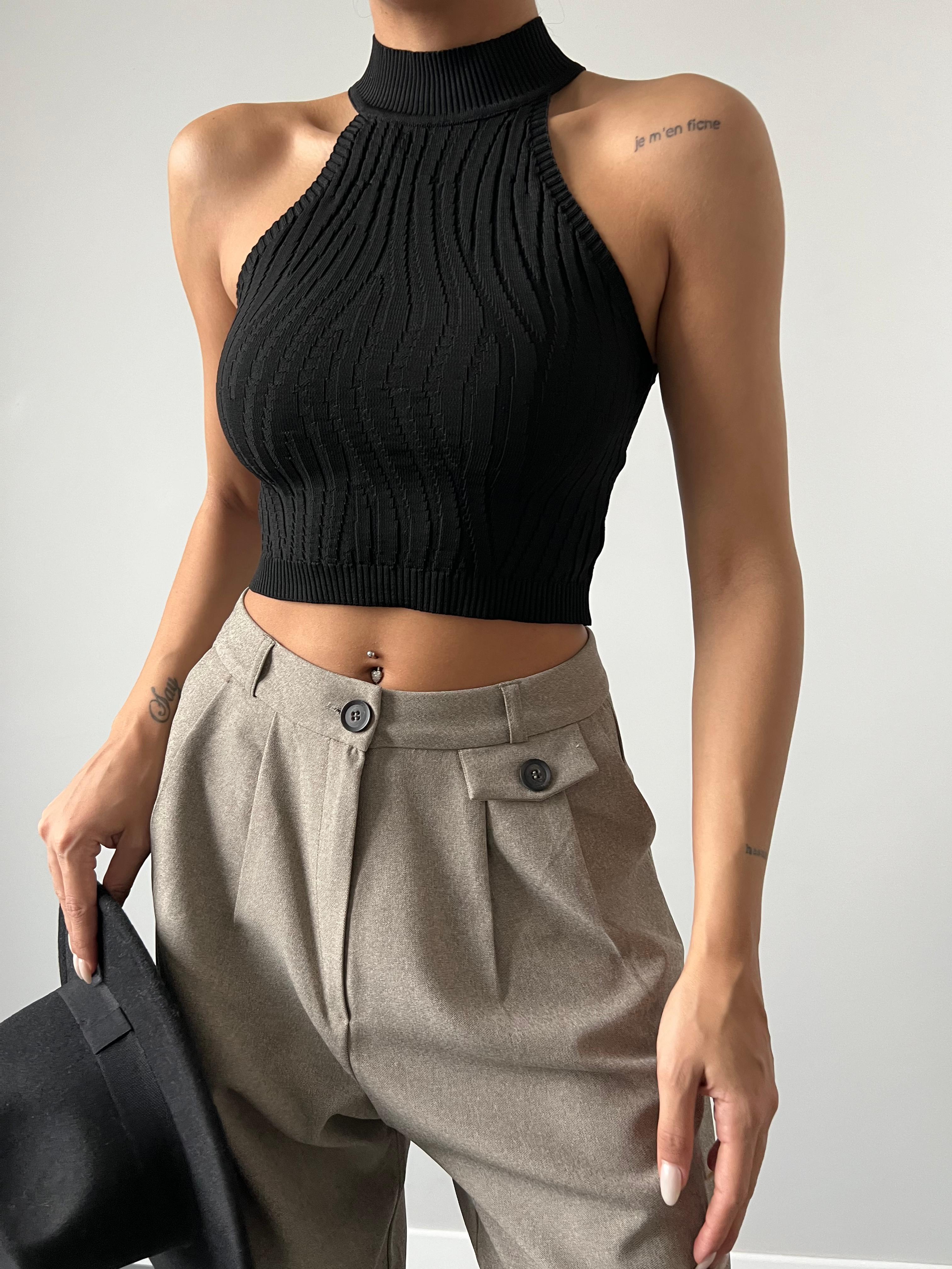 Halter Yaka Zebra Desen Crop Triko Bluz