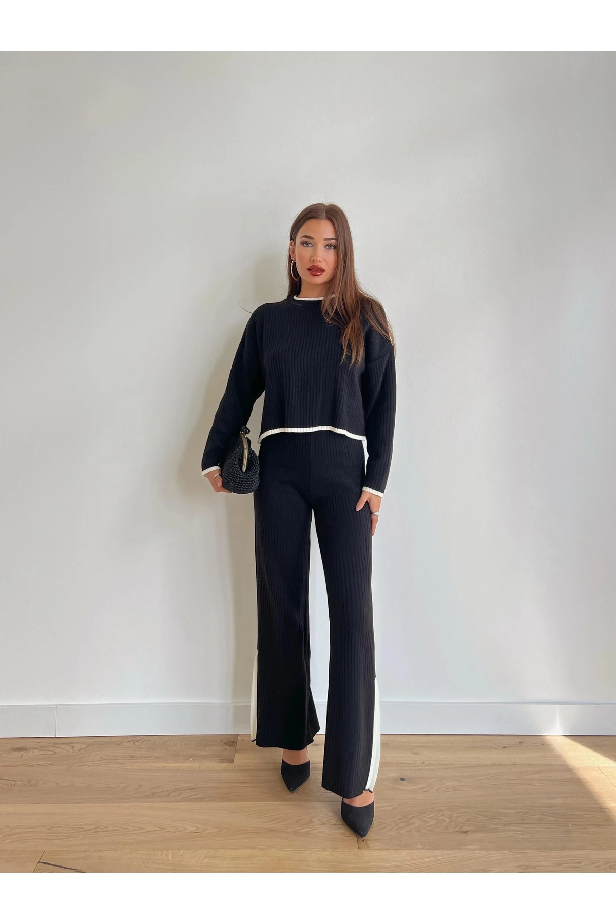 Bisiklet Yaka Crop Kazak Yırtmaçlı Pantolon Triko Alt-Üst Takım - Siyah