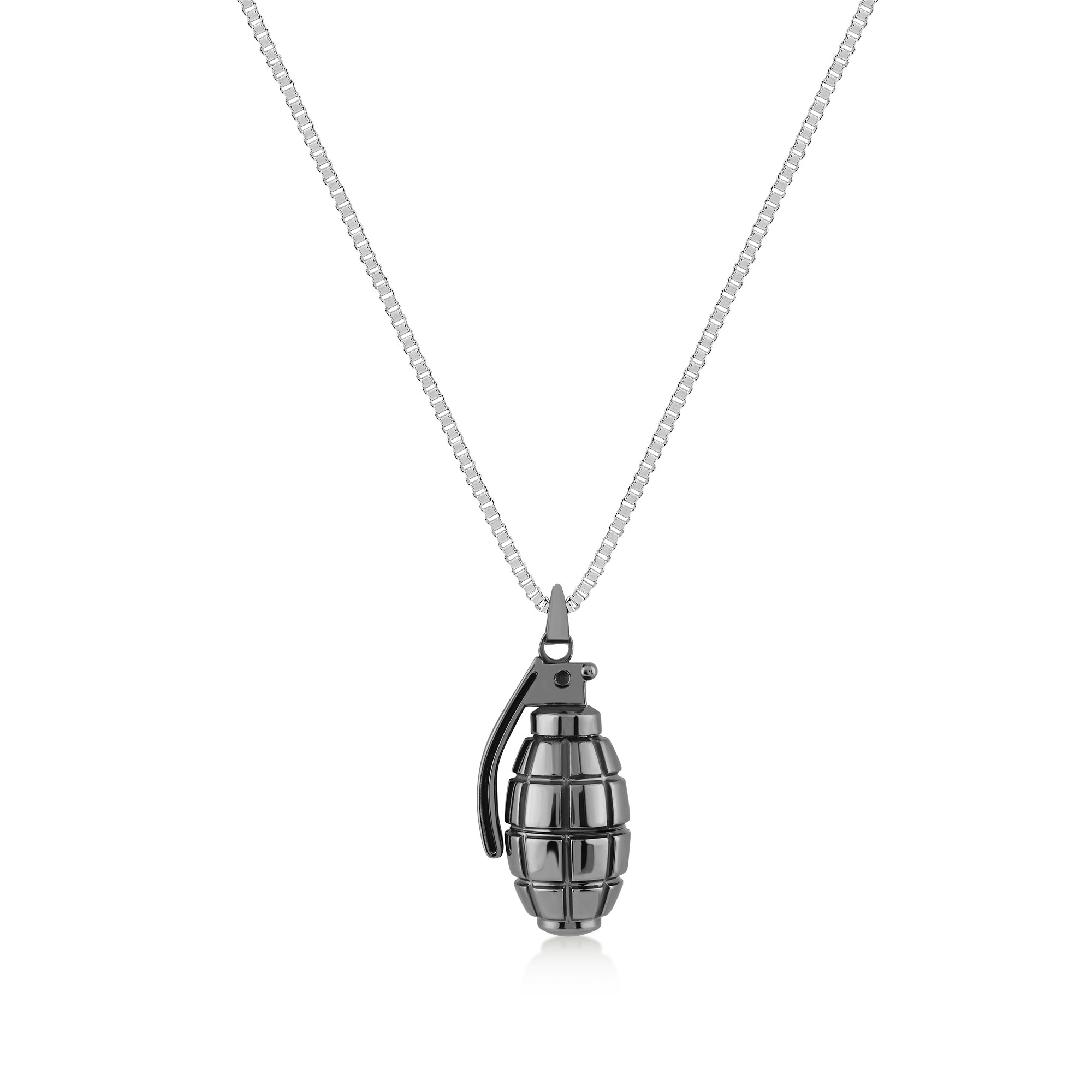 Silver Grenade Necklace - Black Color