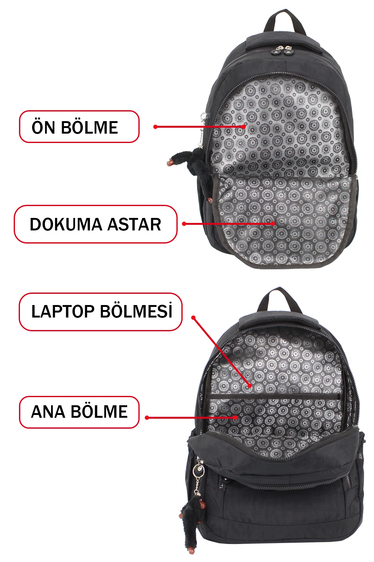 Okul Çantası Yandan Cepli Çok Bölmeli Ortopedik Sırt Anahtarlıklı