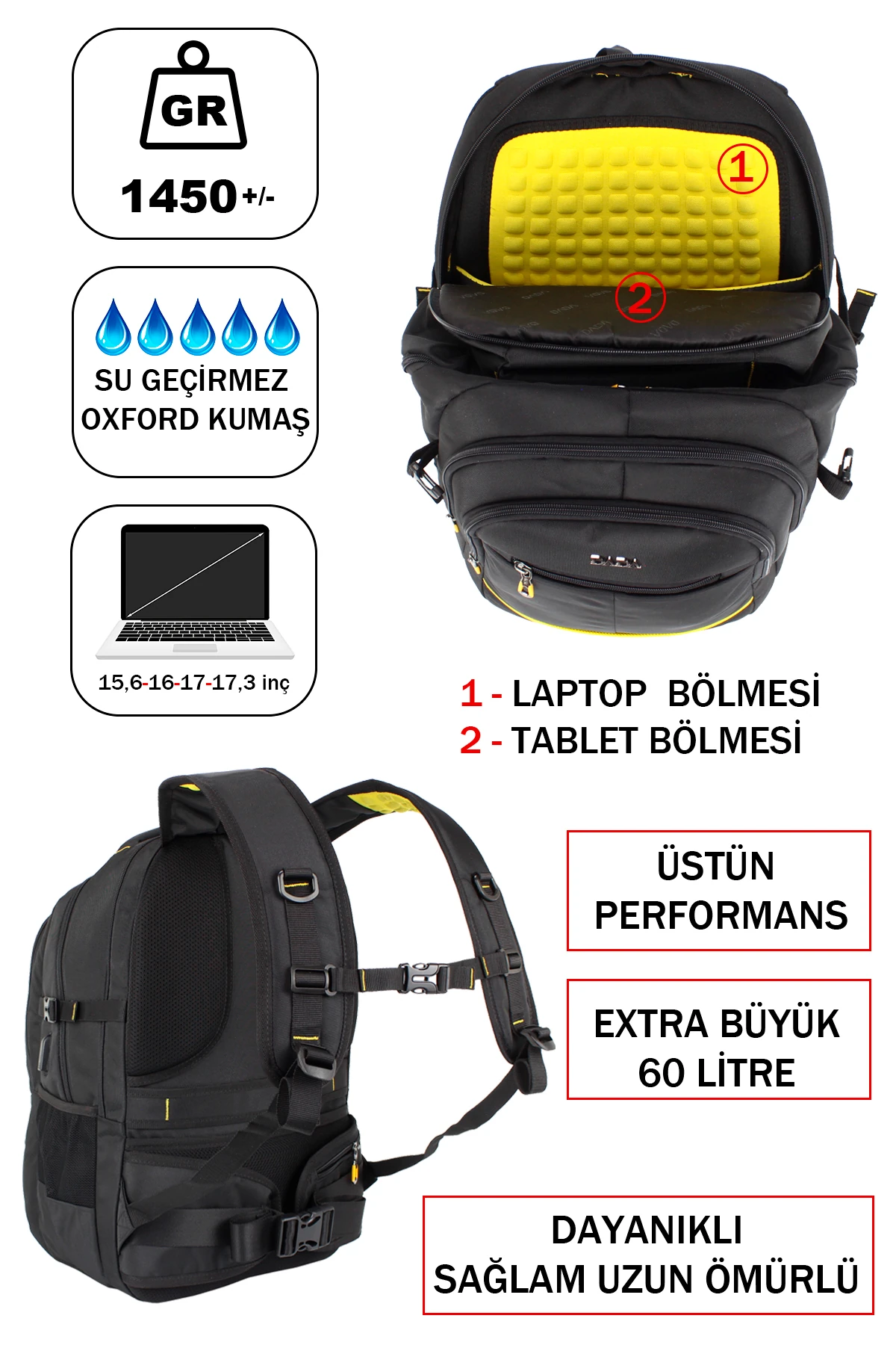 Dada Dağcı Deprem Seyahat ve İş Çantası 60 Litre 15,6 inç Ortopedik Su Geçirmez Siyah Oxford Kumaş