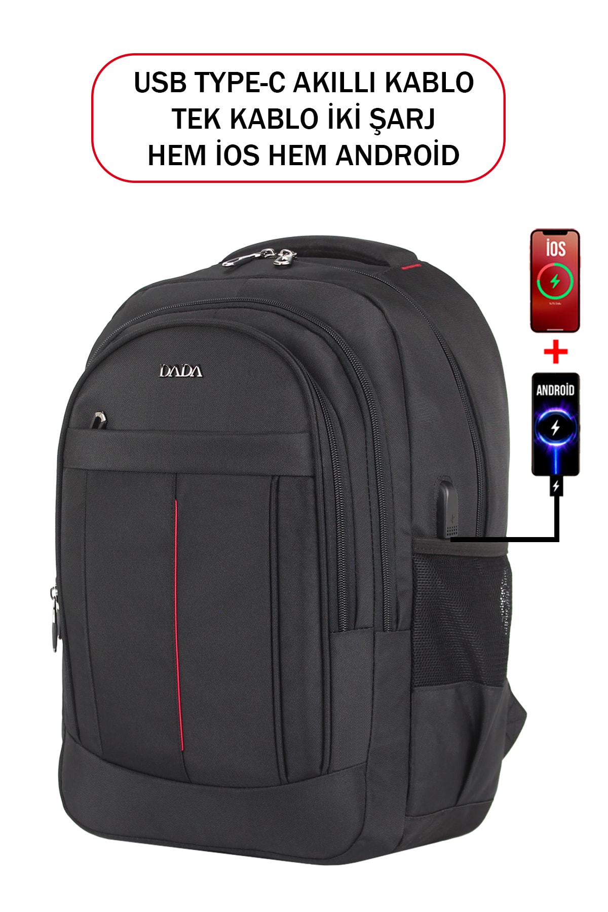 Dada Notebook Laptop Sırt Çantası 15,6 inç Usb Type-C Şarj Aparatı Su Geçirmez Kumaş Darbe Emici Koruma