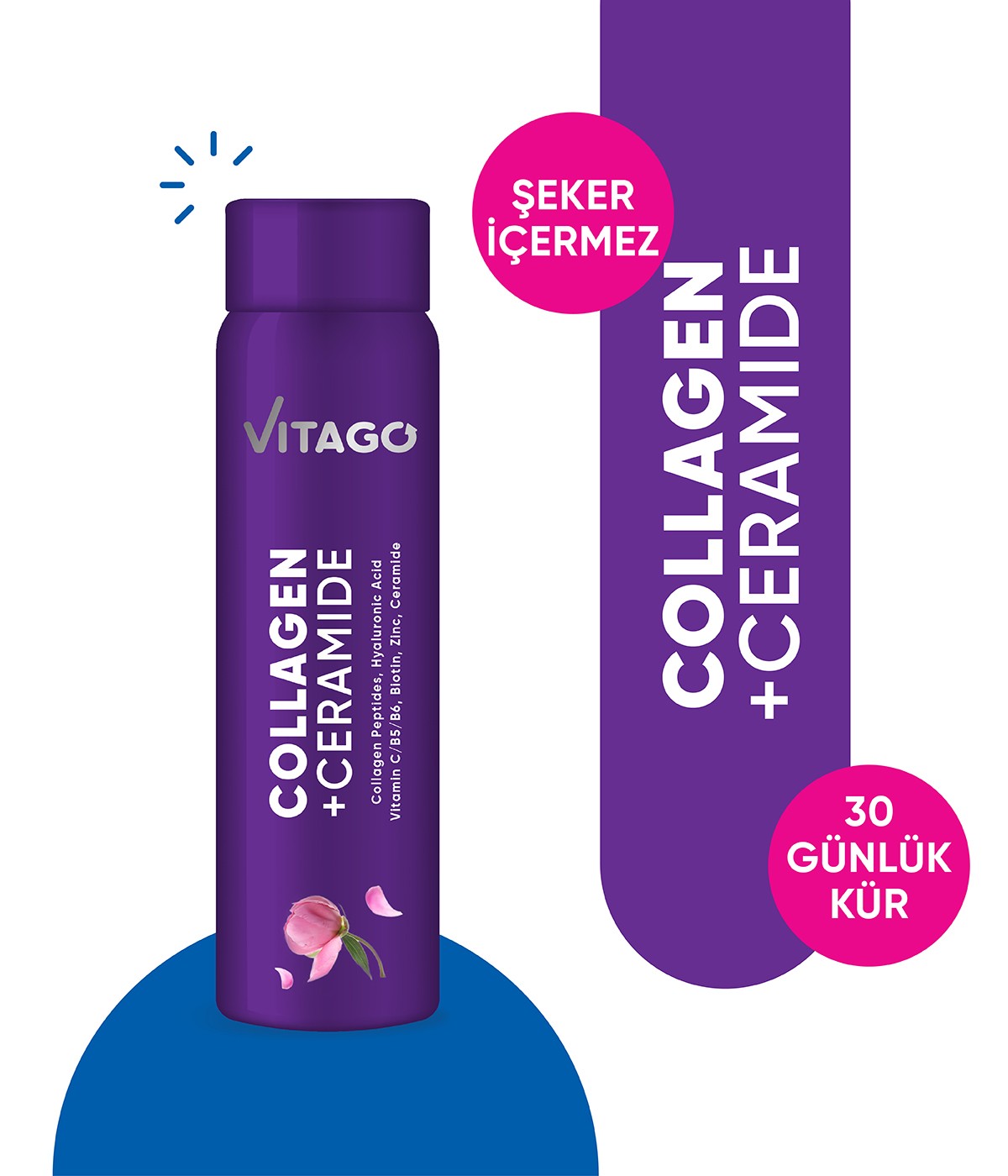 Vitago Kolajen Tip 1-3, Seramid, Vitamin ve Mineral İçeren Sıvı Takviye Edici Gıda 30x25 ml Shots