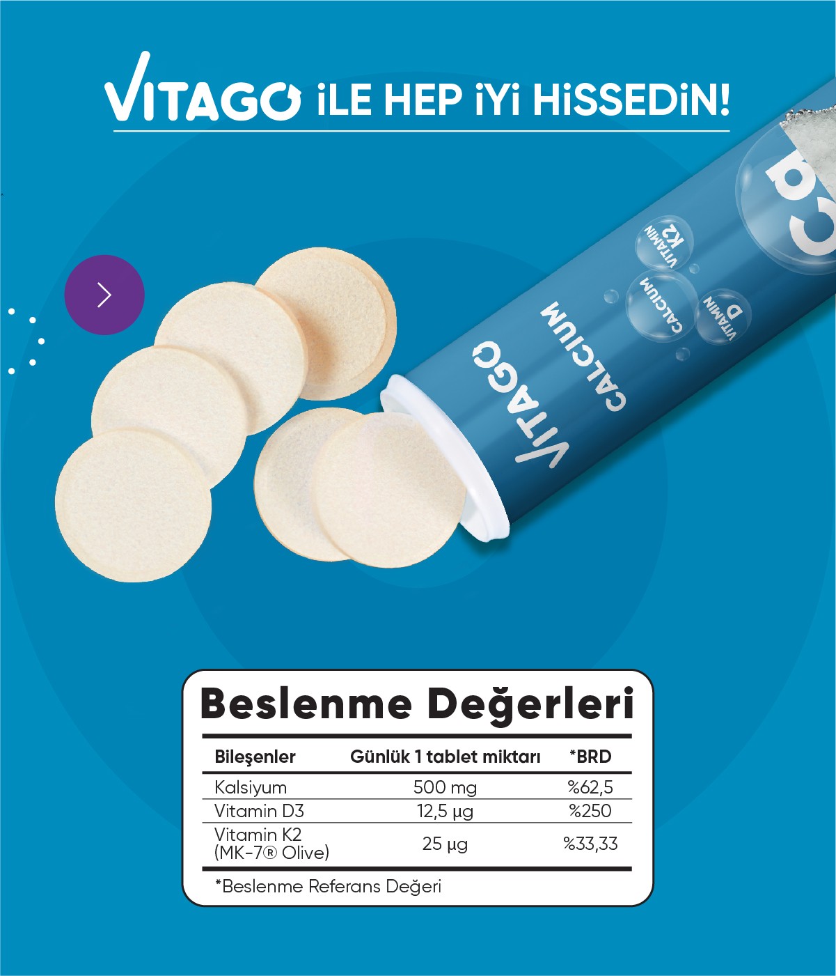 Vitago ProKalsiyum, Vitamin D,Vitamin K2 İçeren Efervesan Tablet Takviye Edici Gıda