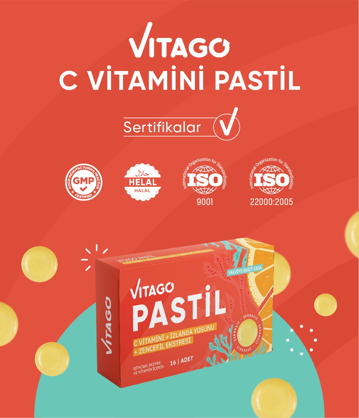 Vitago Pastil Vitamin C, İzlanda Yosunu Ve Zencefil Ekstresi İçeren 16'lı Takviye Edici Gıda