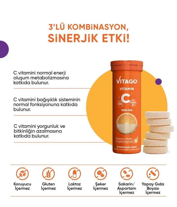 Vitago 10'lu Vitamin C, Vitamin D, Çinko İçeren Efervesan Tablet Takviye Edici Gıda