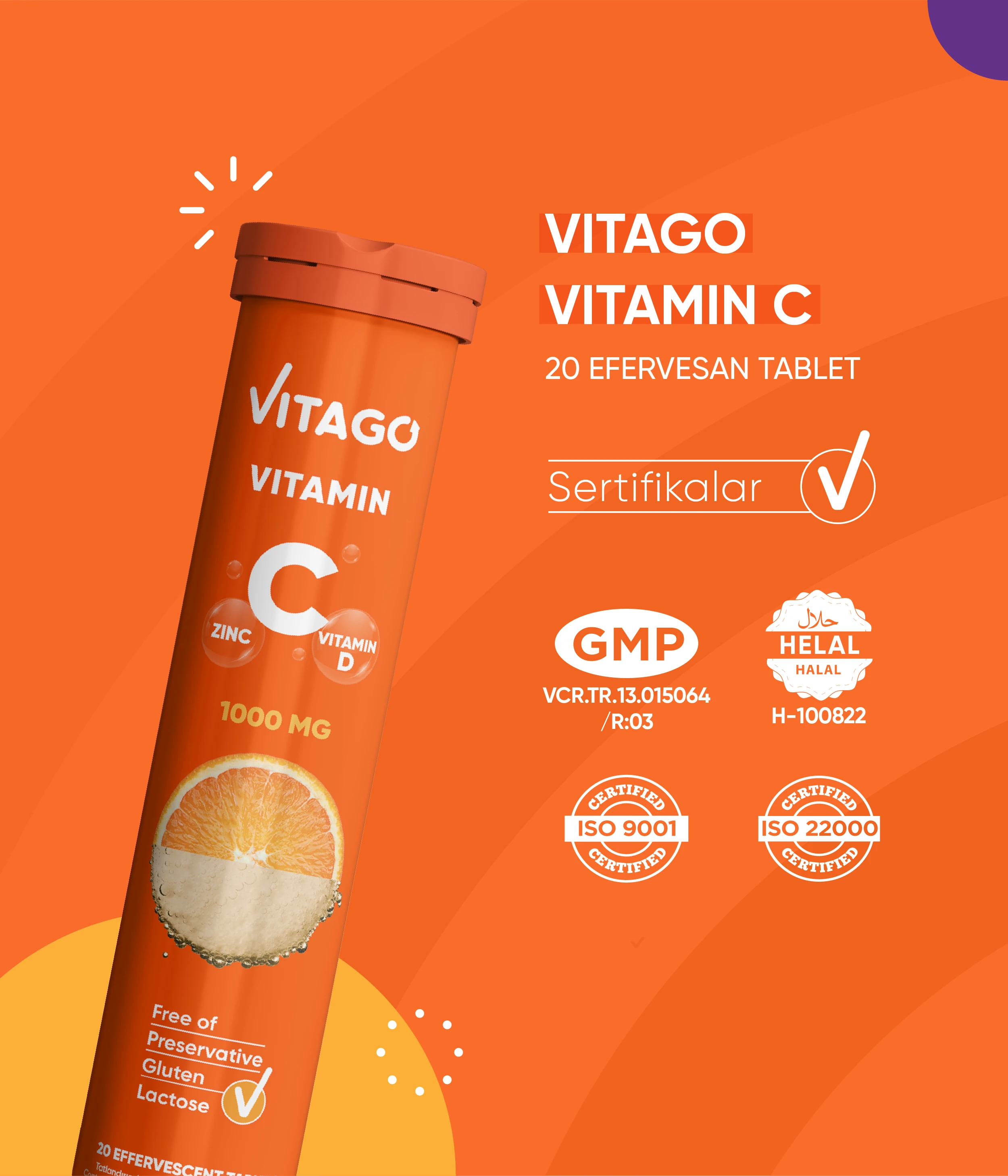 Vitago 20'li Vitamin C, Vitamin D, Çinko İçeren Efervesan Tablet Takviye Edici Gıda