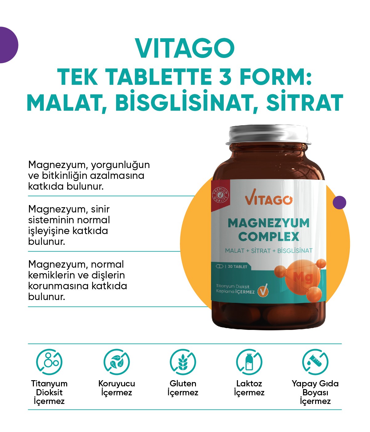 Vitago Premium Magnezyum Complex İçeren Tablet Takviye Edici Gıda 30'lu