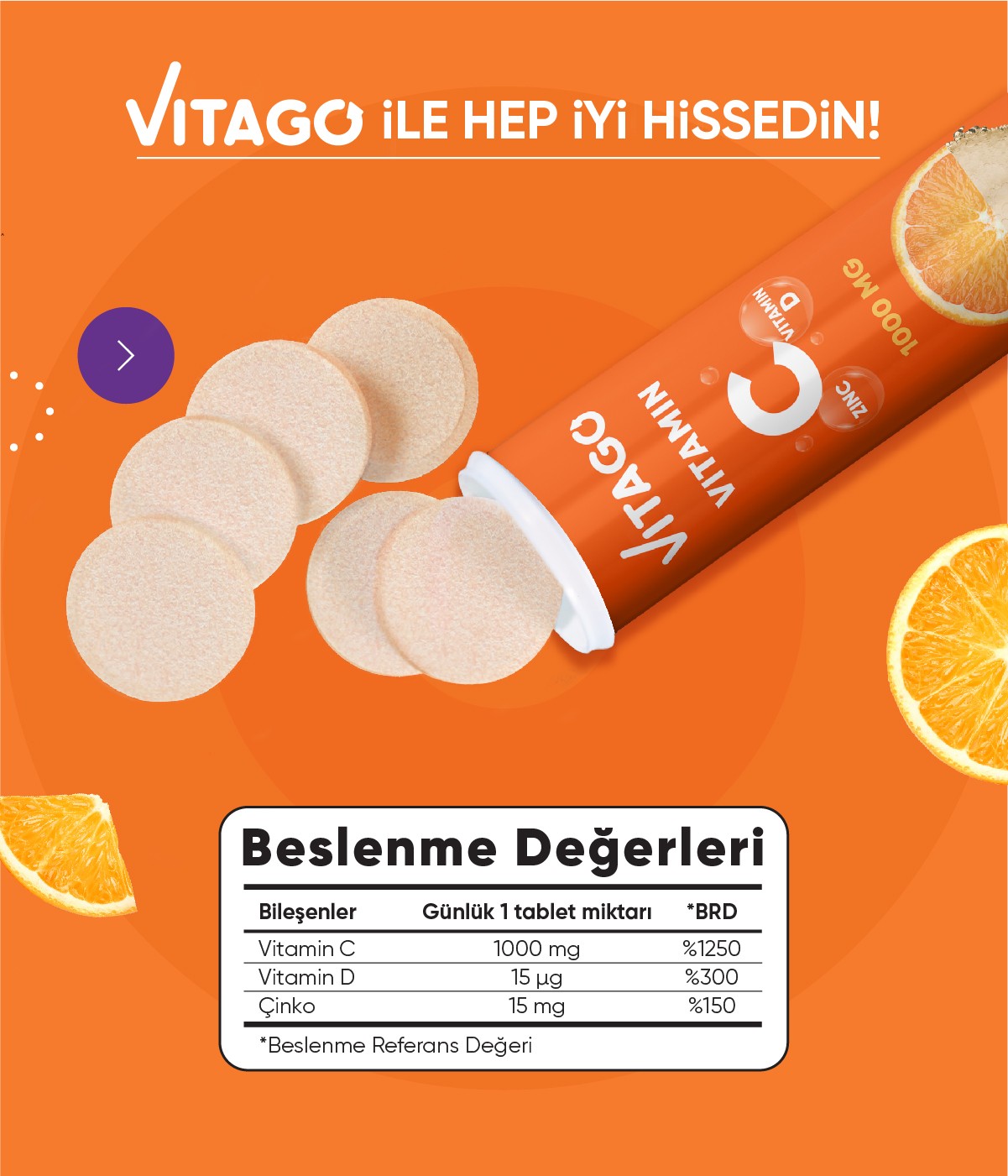 Vitago 10'lu Vitamin C, Vitamin D, Çinko İçeren Efervesan Tablet Takviye Edici Gıda