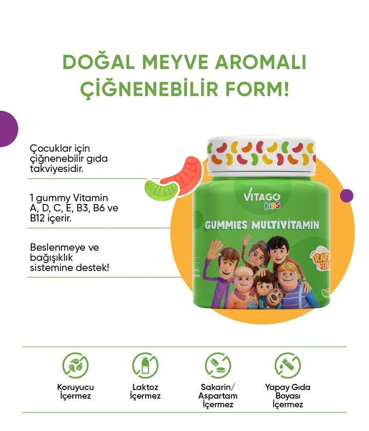 Vitago Kids Gummies Multivitamin Multimineral İçeren Çiğnenebilir Form Takviye Edici Gıda
