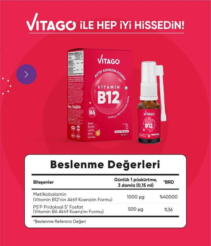 Vitago ProMetilkobalamin Vitamin B6 Vitaminleri İçeren Oral Sprey Takviye Edici Gıda