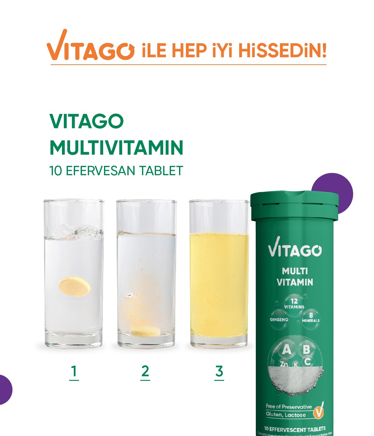 Vitago 10'lu ProMultivit Multivitamin, Multimineral Efervesan Tablet Takviye Edici Gıda
