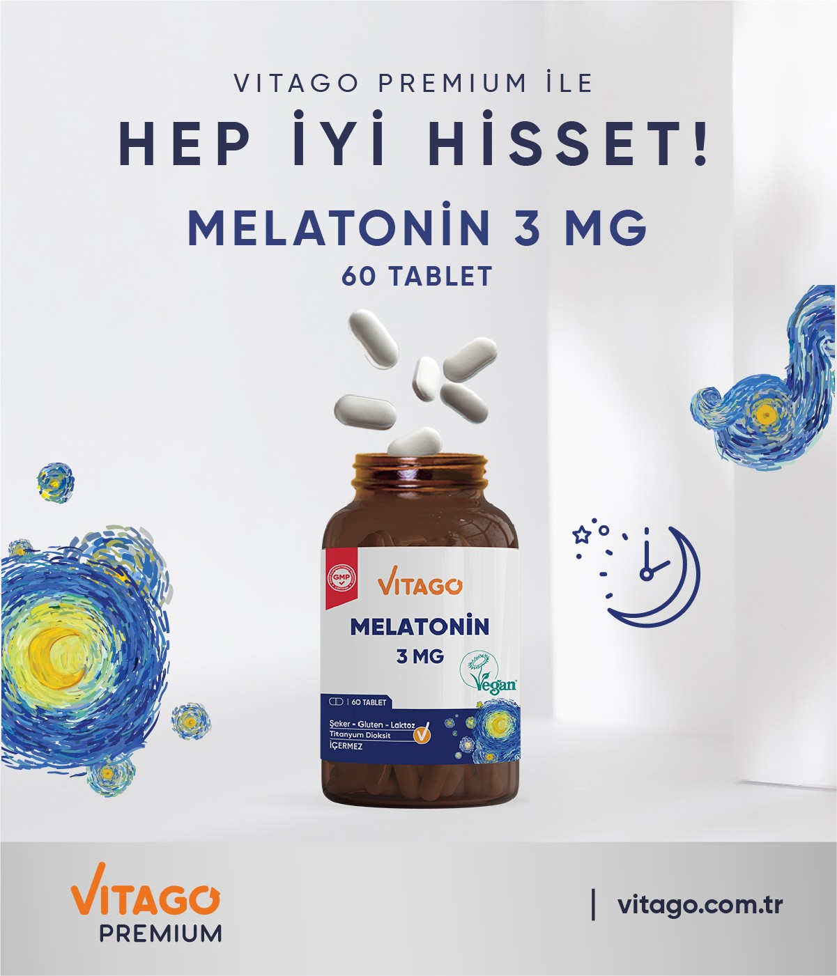 Vitago Premium Melatonin 3 Mg 60 Tablet Takviye Edici Gıda