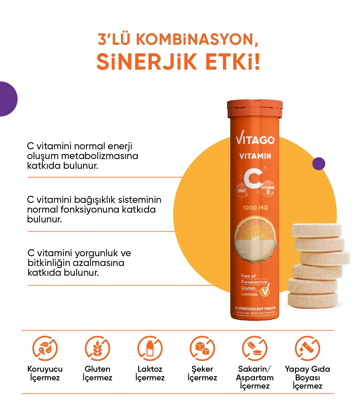 Vitago 20'li Vitamin C, Vitamin D, Çinko İçeren Efervesan Tablet Takviye Edici Gıda