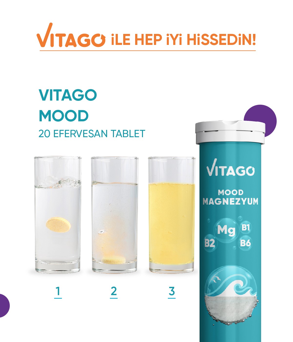 Vitago 20'li Mood Magnezyum , Vitamin B1, Vitamin B2 ve Vitamin B6 İçeren Efervesan Tablet Takviye Edici Gıda