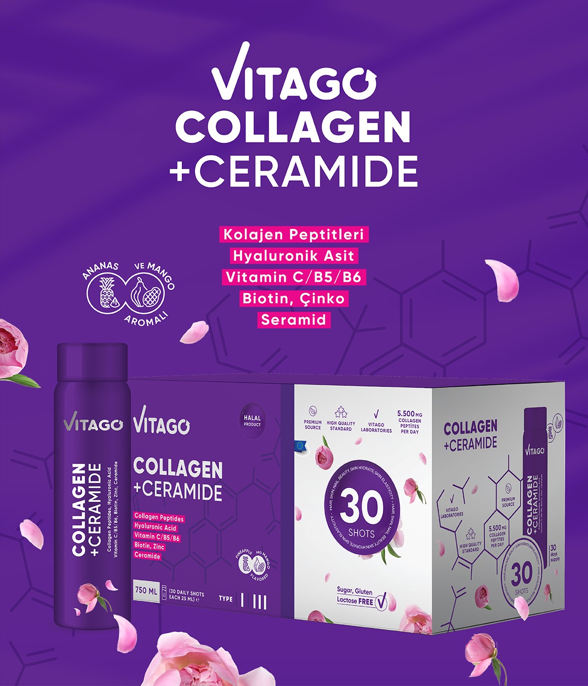 Vitago Kolajen Tip 1-3, Seramid, Vitamin ve Mineral İçeren Sıvı Takviye Edici Gıda 30x25 ml Shots