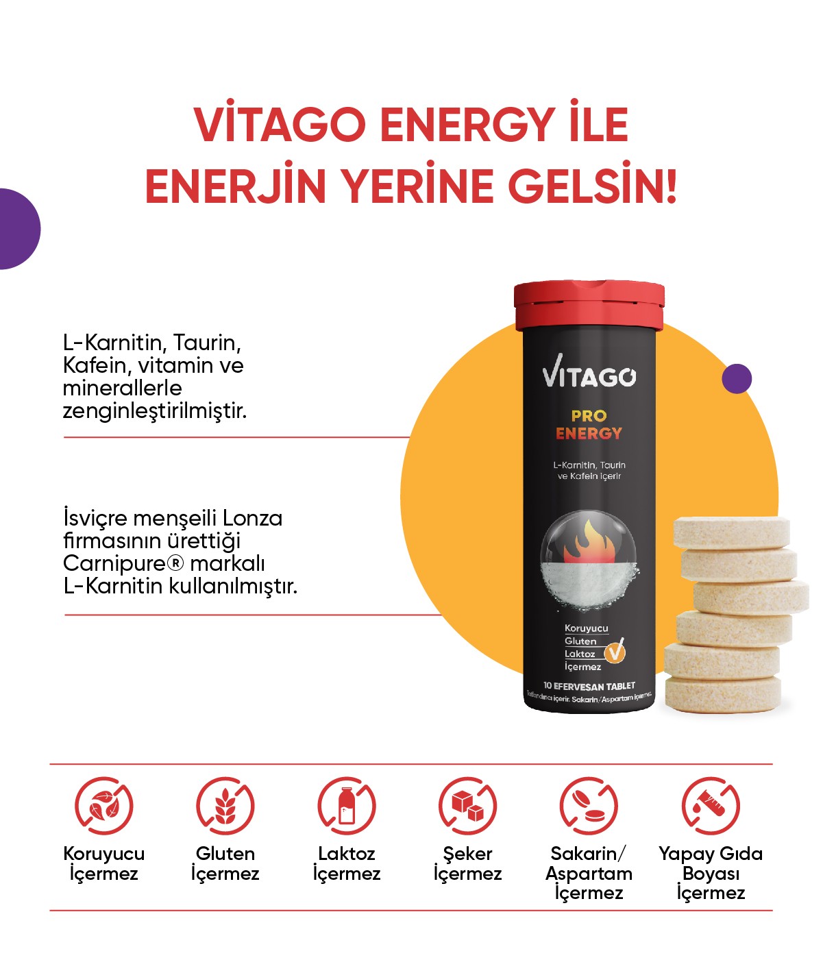 Vitago ProEnergy L-Karnitin, Taurin, Kafein İçeren Efervesan Tablet Takviye Edici Gıda