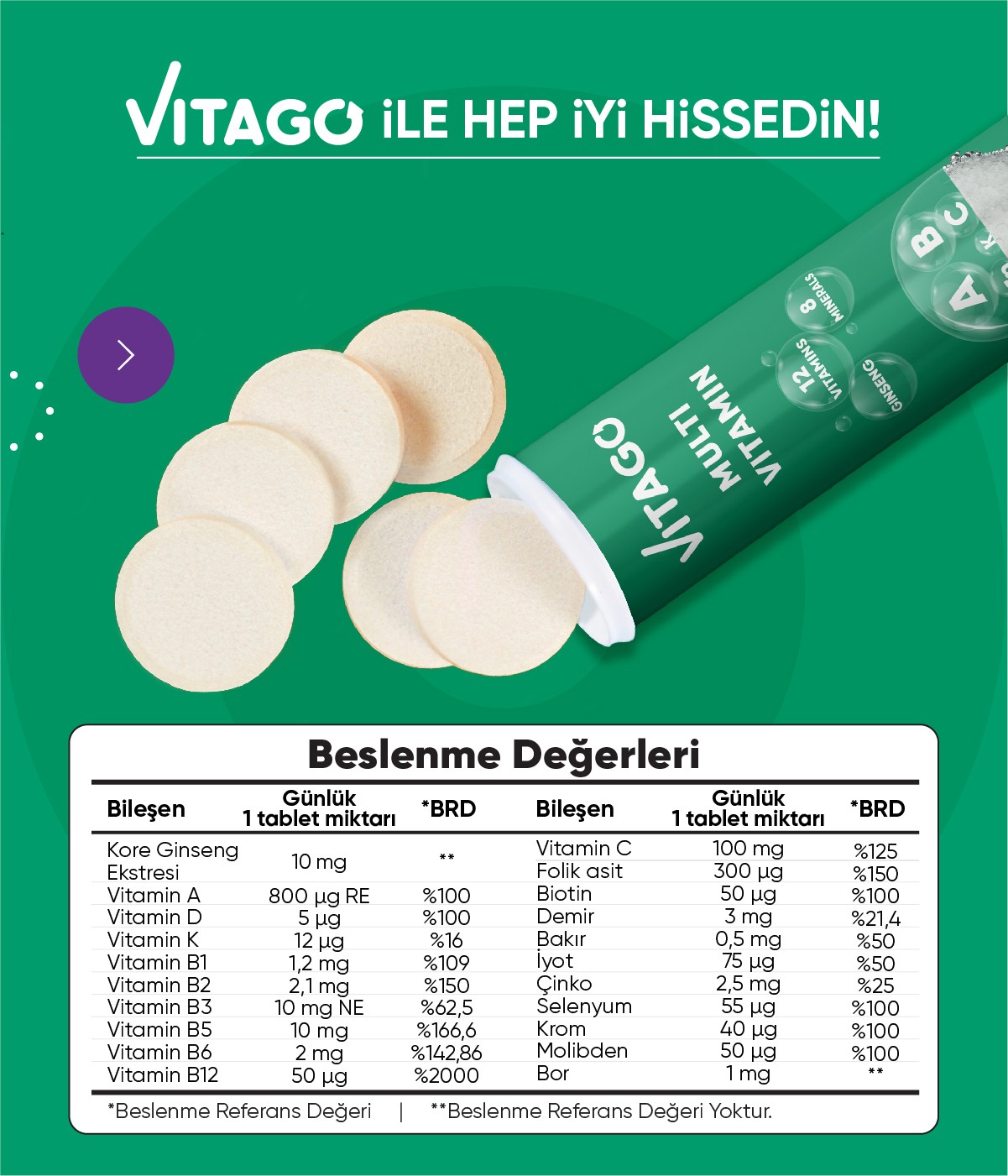 Vitago 20'li ProMultivit Multivitamin, Multimineral Efervesan Tablet Takviye Edici Gıda