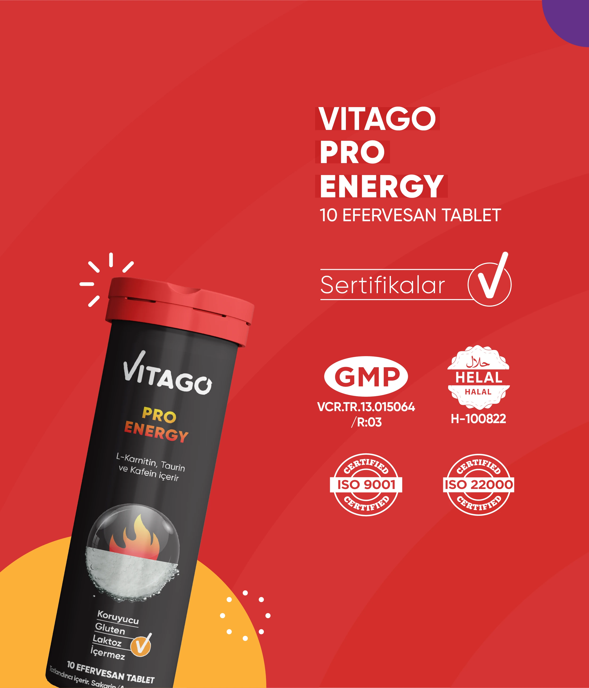 Vitago ProEnergy Effervescent Tablet Dietary Supplement Containing L-Carnitine, Taurine, and Caffeine