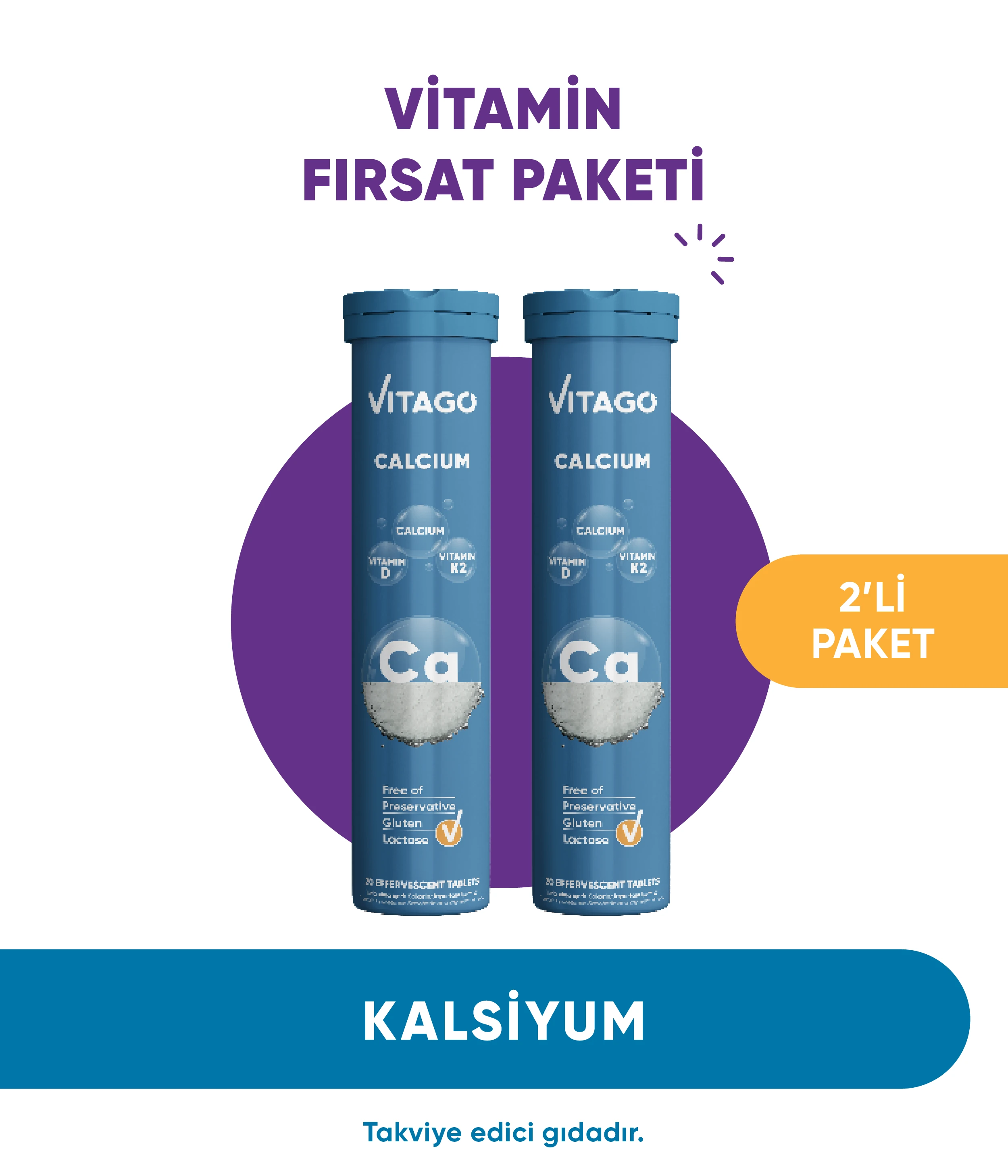 2'li Paket - Vitago ProKalsiyum, Vitamin D, Vitamin K2 İçeren 20'li Efervesan Tablet