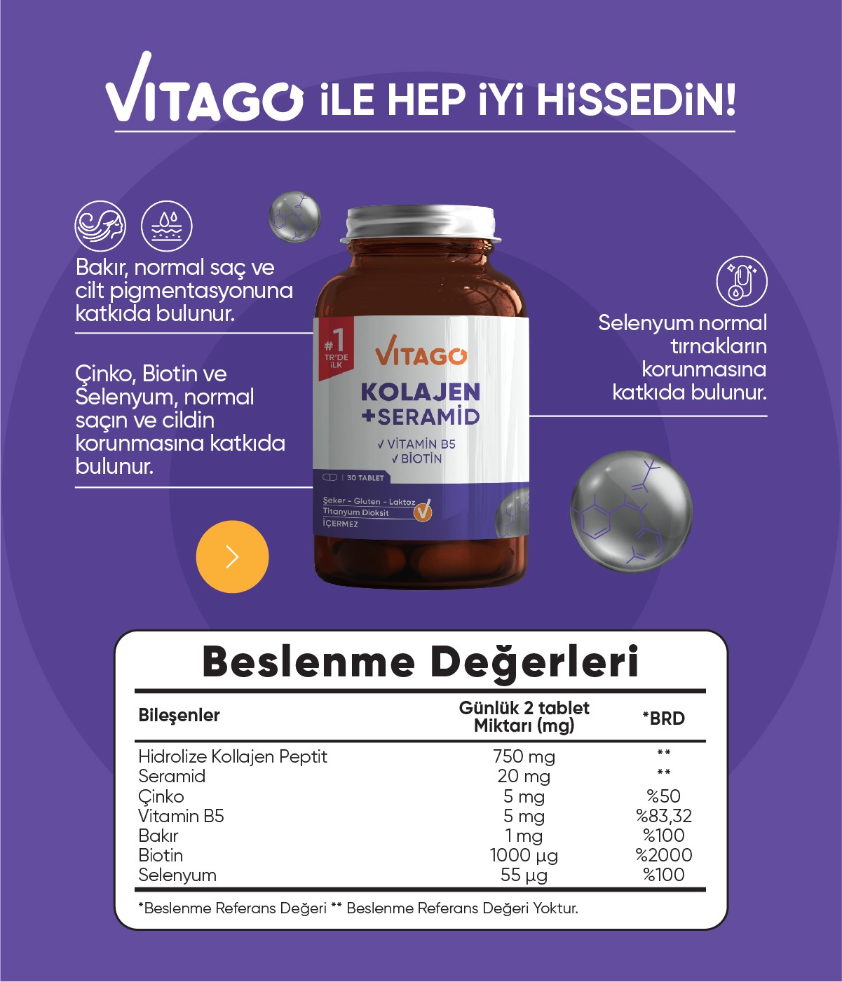 Vitago Premium Hidrolize Kolajen, Seramid, Biotin Içeren 30 Tablet